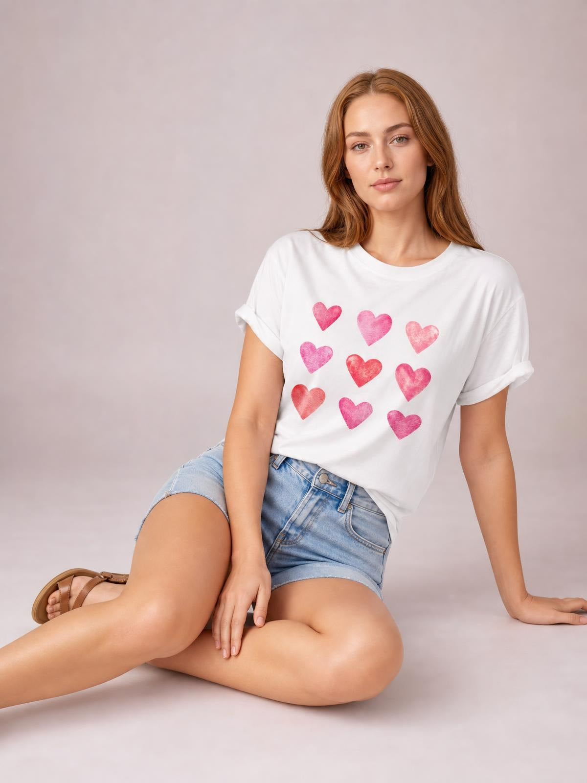 A seated model wears a white Heart Round Neck Short Sleeve T-Shirt with a relaxed silhouette, rolled cuffs, and a colorful heart print across the front.