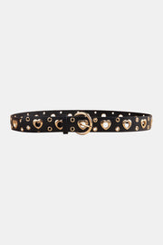 Black PU leather belt with gold-tone heart-shaped alloy accents, circular eyelets, and a gleaming round buckle in a slim statement silhouette.