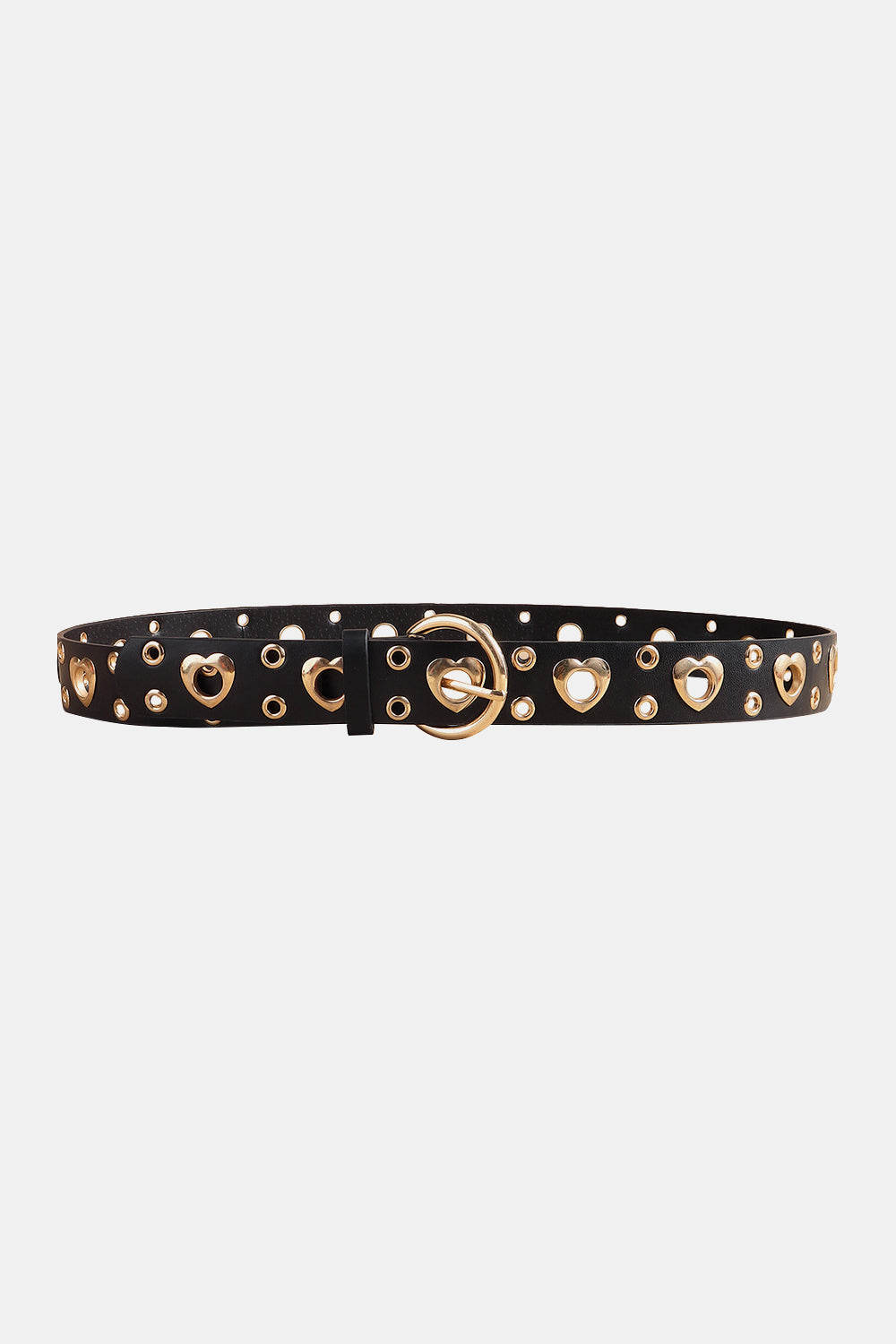 Black PU leather belt with gold-tone heart-shaped alloy accents, circular eyelets, and a gleaming round buckle in a slim statement silhouette.