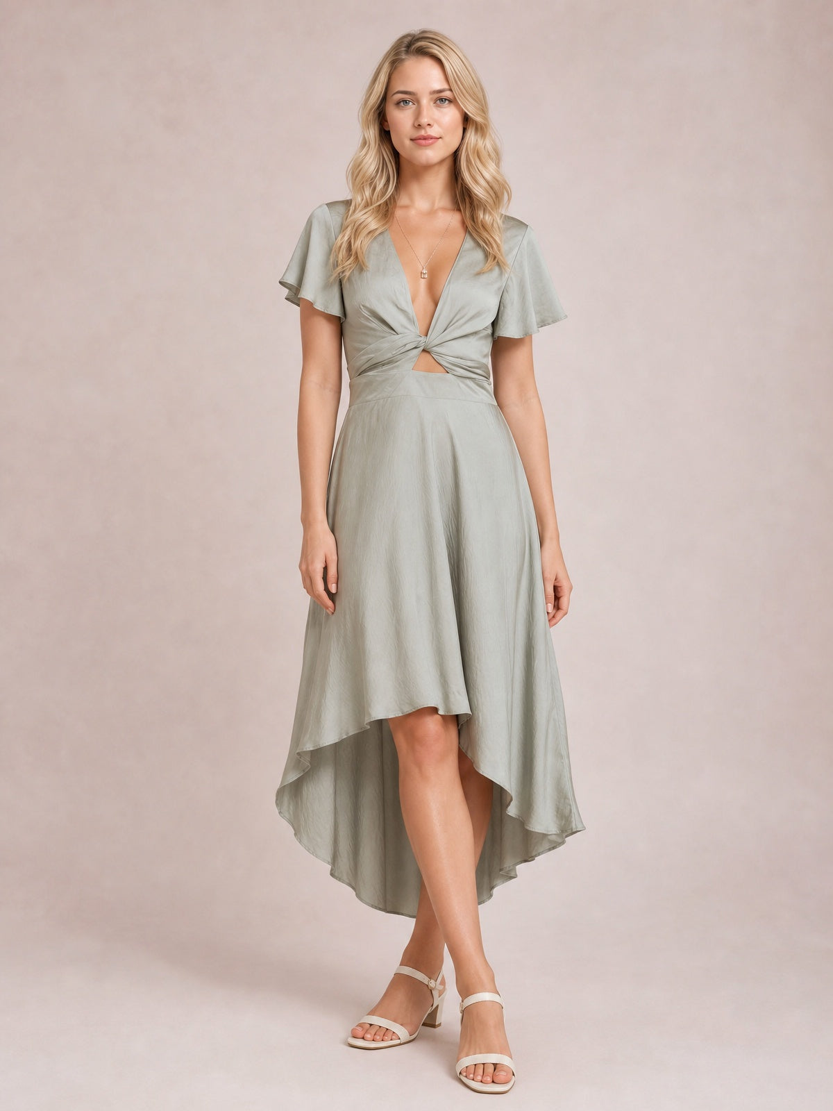 Model stands with crossed legs in a light sage High-Low Plunge Flutter Sleeve Dress featuring a deep neckline, crisscross tied waist, and flowing skirt.