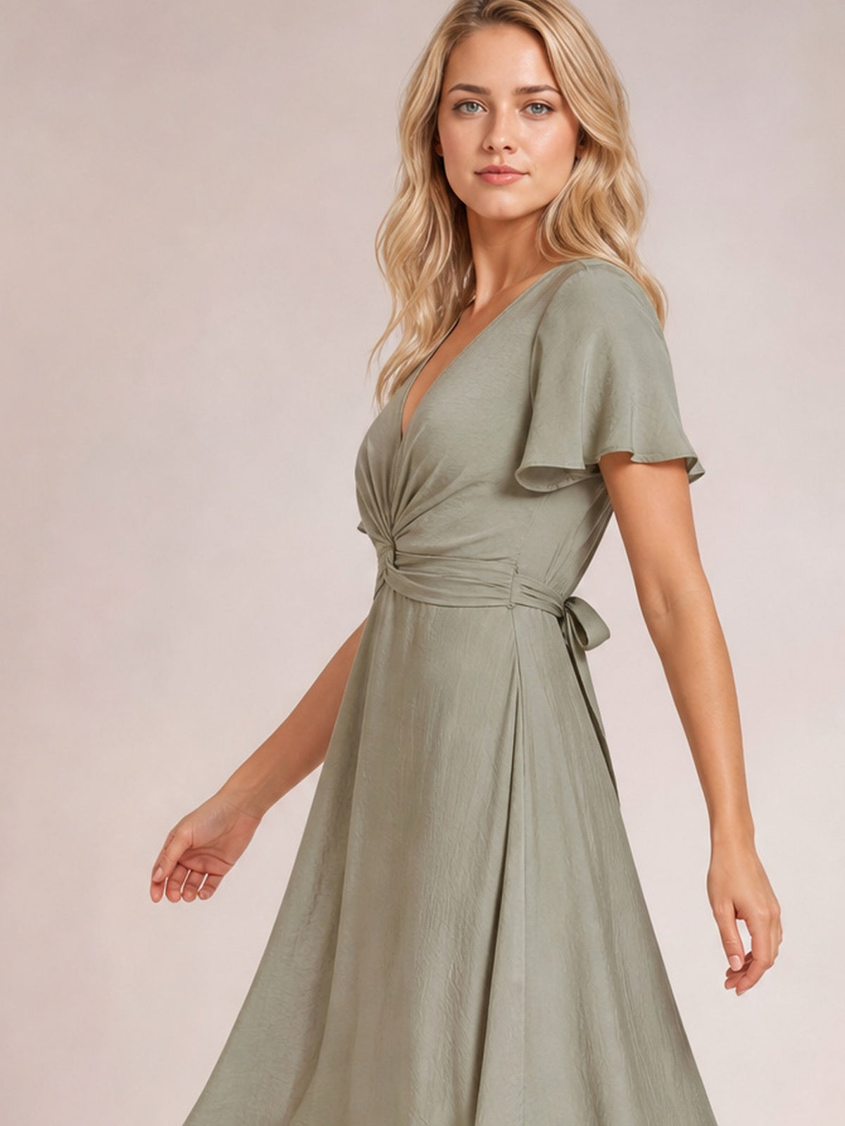 Model poses in a sage green high-low plunge dress with flutter sleeves, a crisscross bodice, tied waist, and flowing A-line silhouette.
