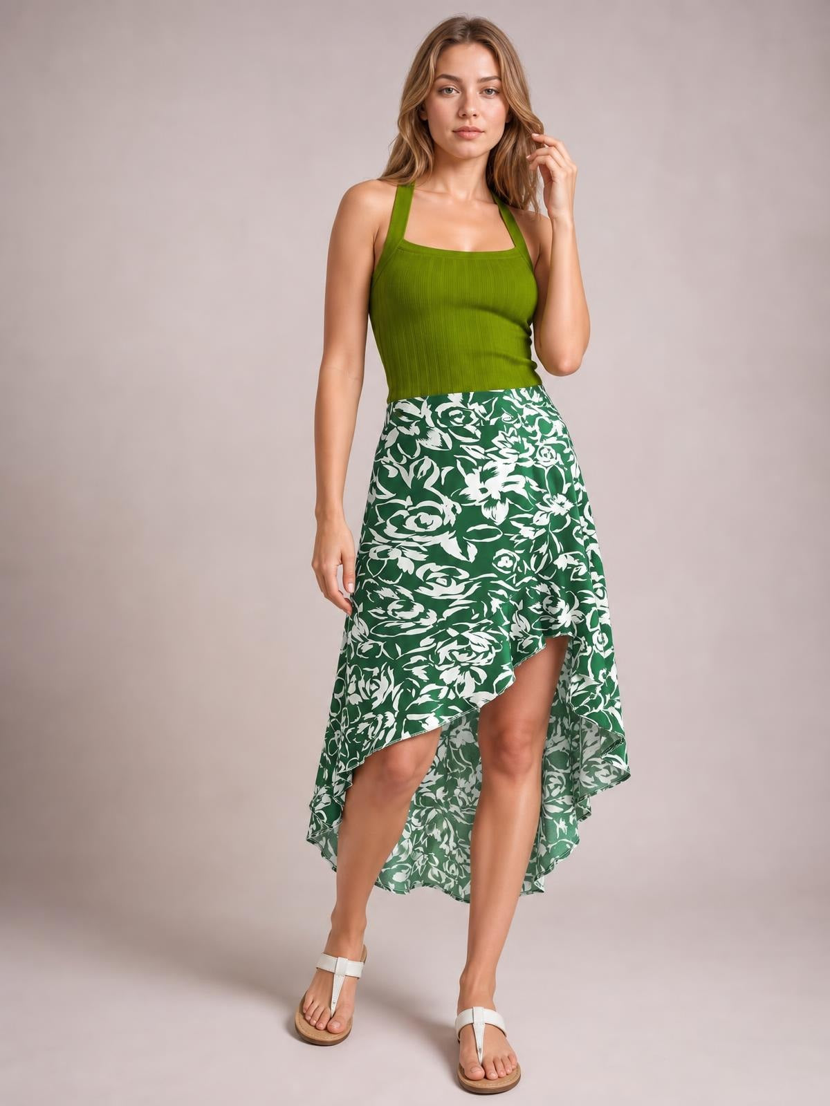 A model poses in a green and white floral high-waist skirt with a flowing A-line silhouette and dramatic asymmetrical high-low hem.