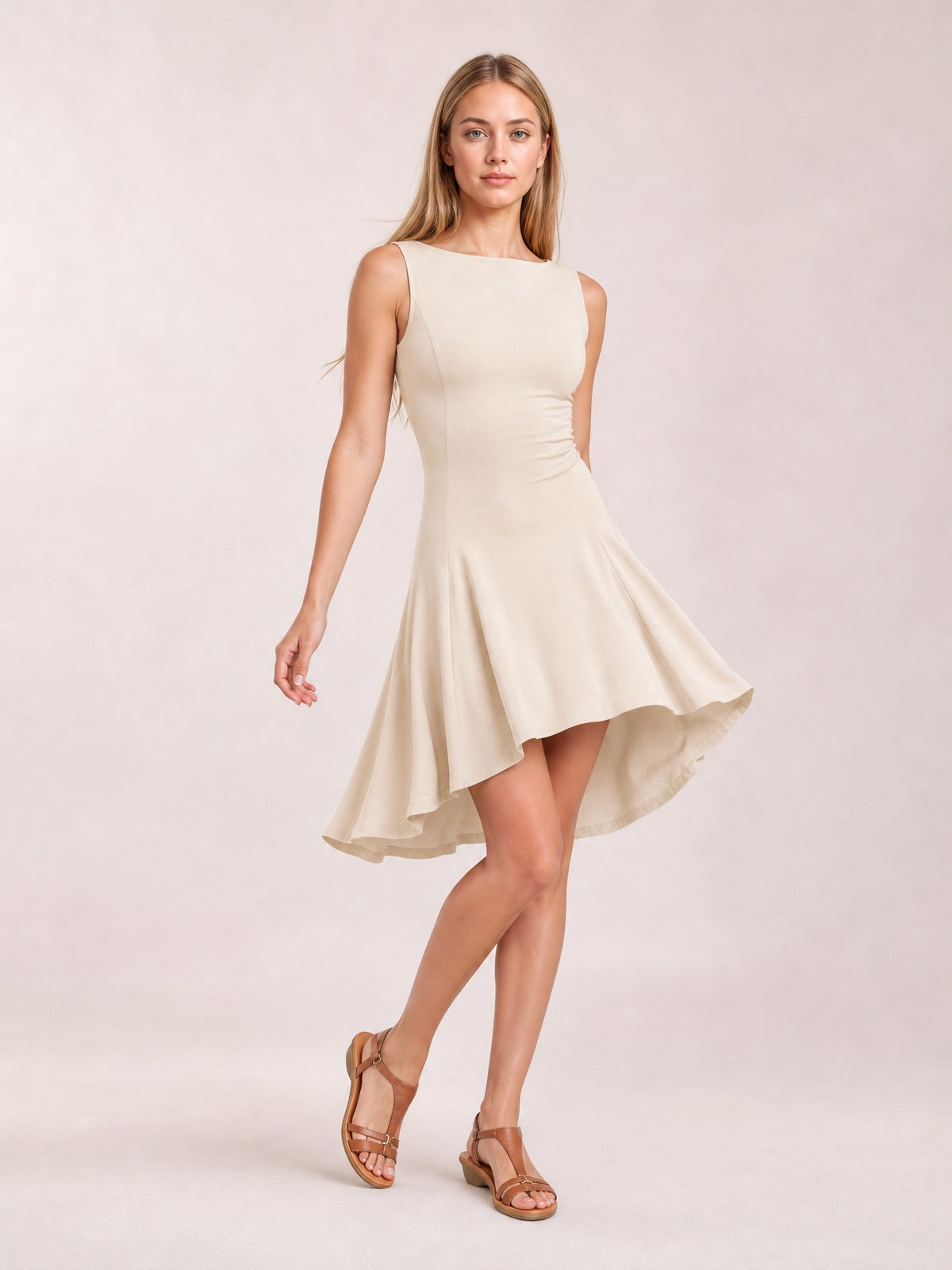 Model poses with crossed legs in a cream high-low mini dress featuring a round neck, sleeveless fitted bodice, defined waist, and softly flared skirt.