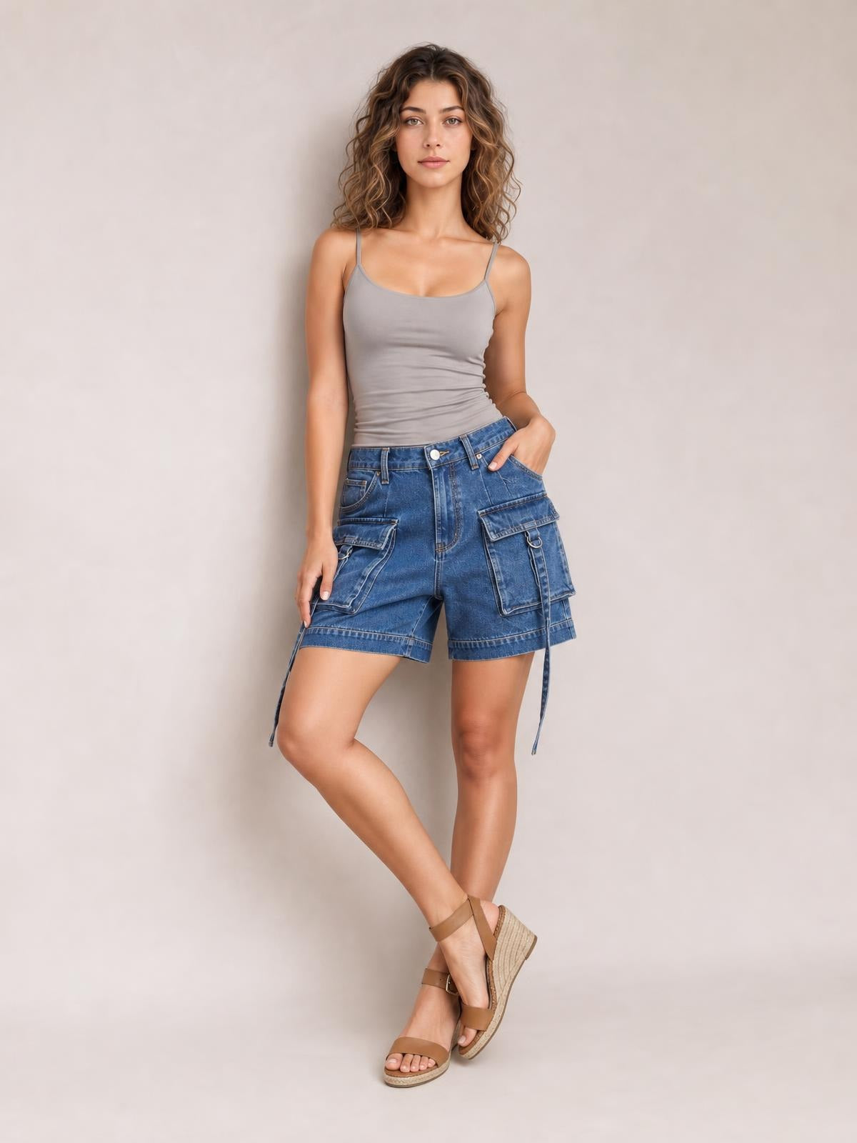 A model poses with one hand in a pocket, wearing blue solid high-waist denim cargo shorts with a relaxed silhouette, belt loops, zip fly, and utility pockets.