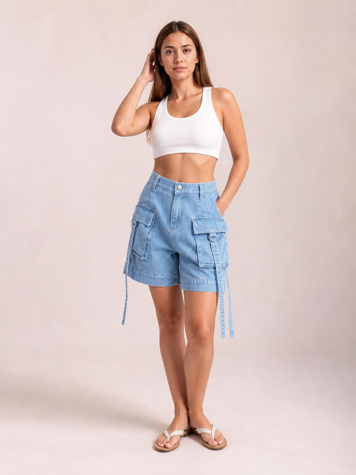 Model poses in light blue high-waist denim cargo shorts with a relaxed fit, multiple flap pockets, belt loops, and long hanging utility straps.