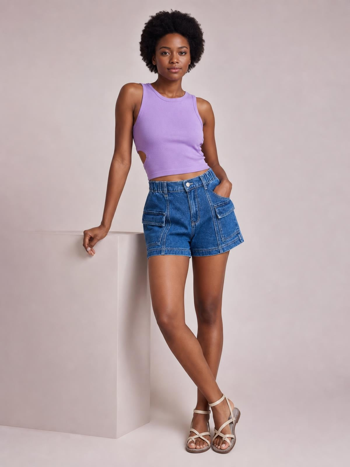 A model poses with crossed legs in blue high-waist denim shorts featuring multiple utility pockets, visible seam detailing, a button closure, and a relaxed fit.