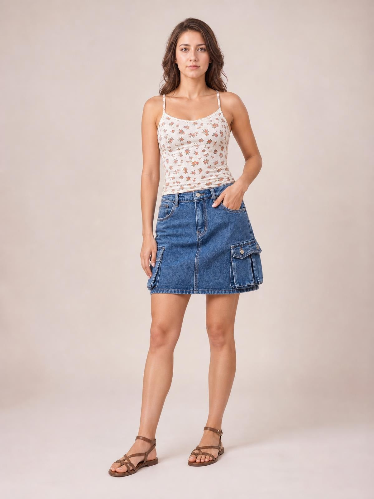 A model stands in a blue high waist denim skirt with a straight mini silhouette, front and cargo pockets, belt loops, and a button-front closure.
