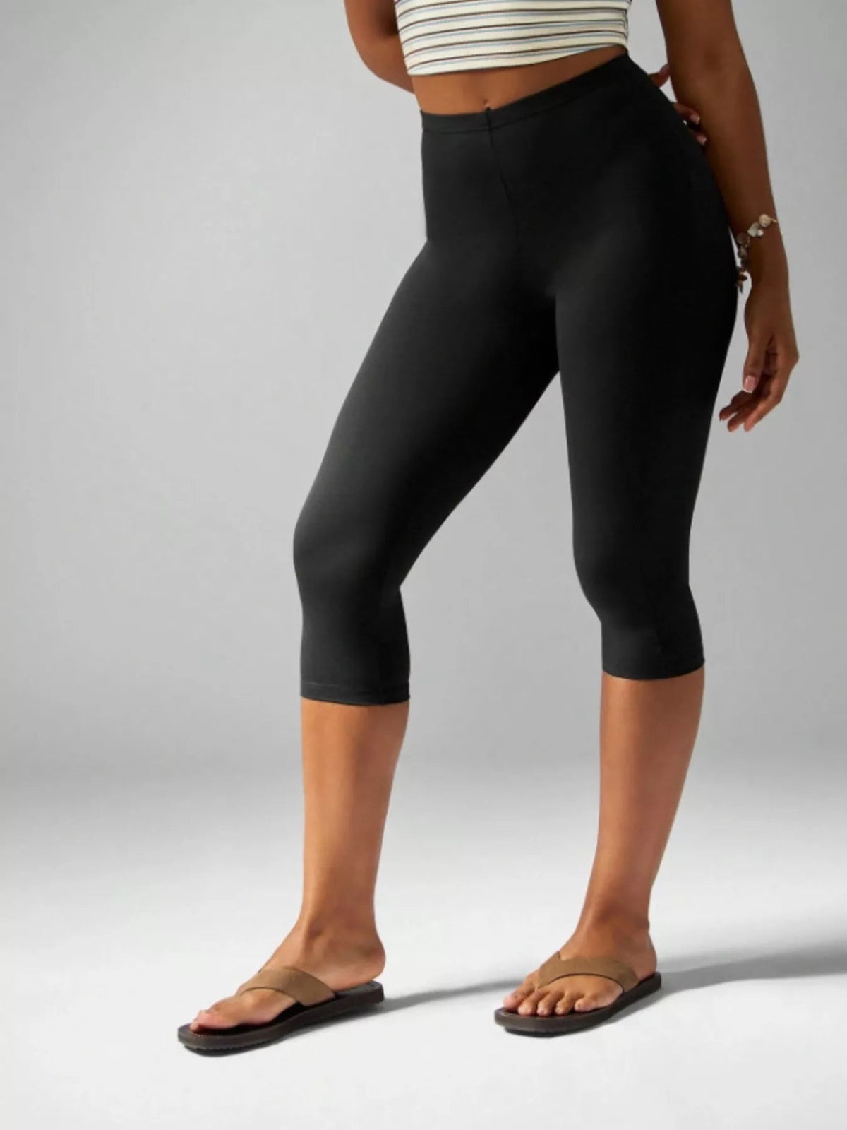 Model wearing black high-waisted active capri leggings with a fitted silhouette, smooth construction, and hems ending below the knees.