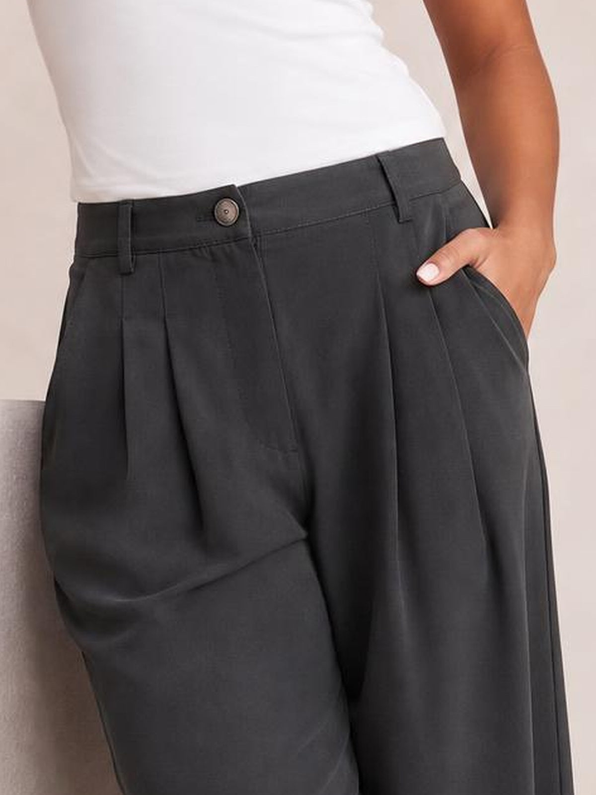 A cropped model wears dark gray high-waisted pleated pants with a structured waistband, belt loops, button closure, wide-leg silhouette, and side pockets.