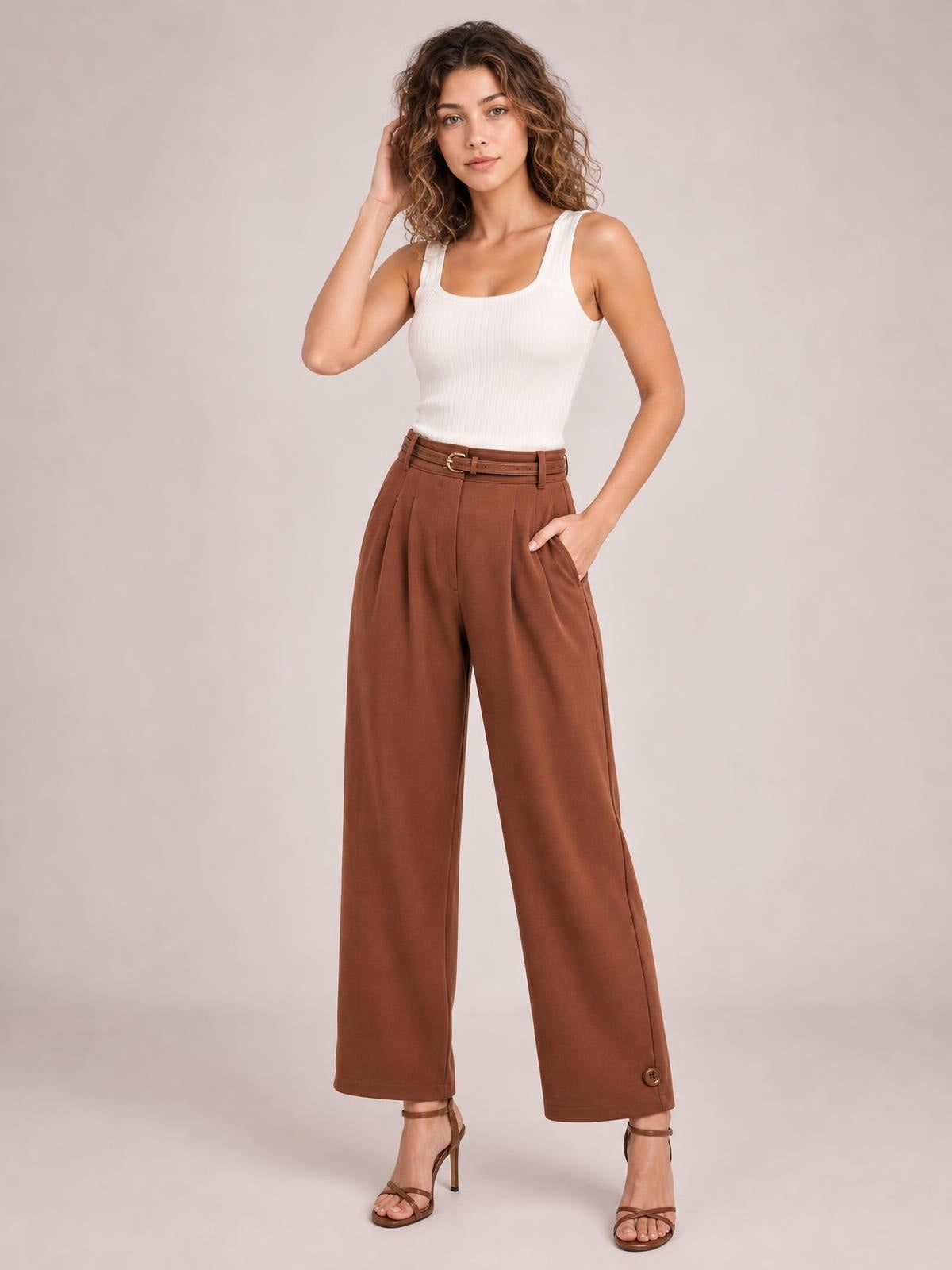 Model poses in brown high-waisted pleated pants with a structured waistband, front pockets, wide-leg silhouette, and cropped hems.