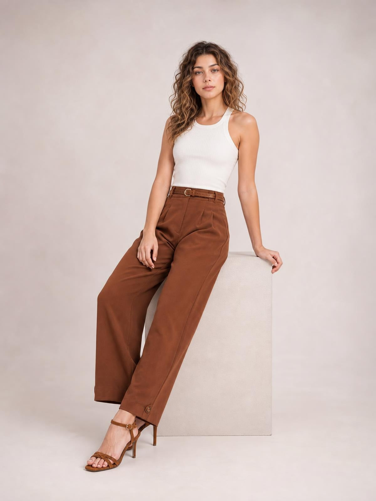 A seated model wears brown high-waisted pleated pants with a tailored waistband, front pleats, and a relaxed wide-leg silhouette.