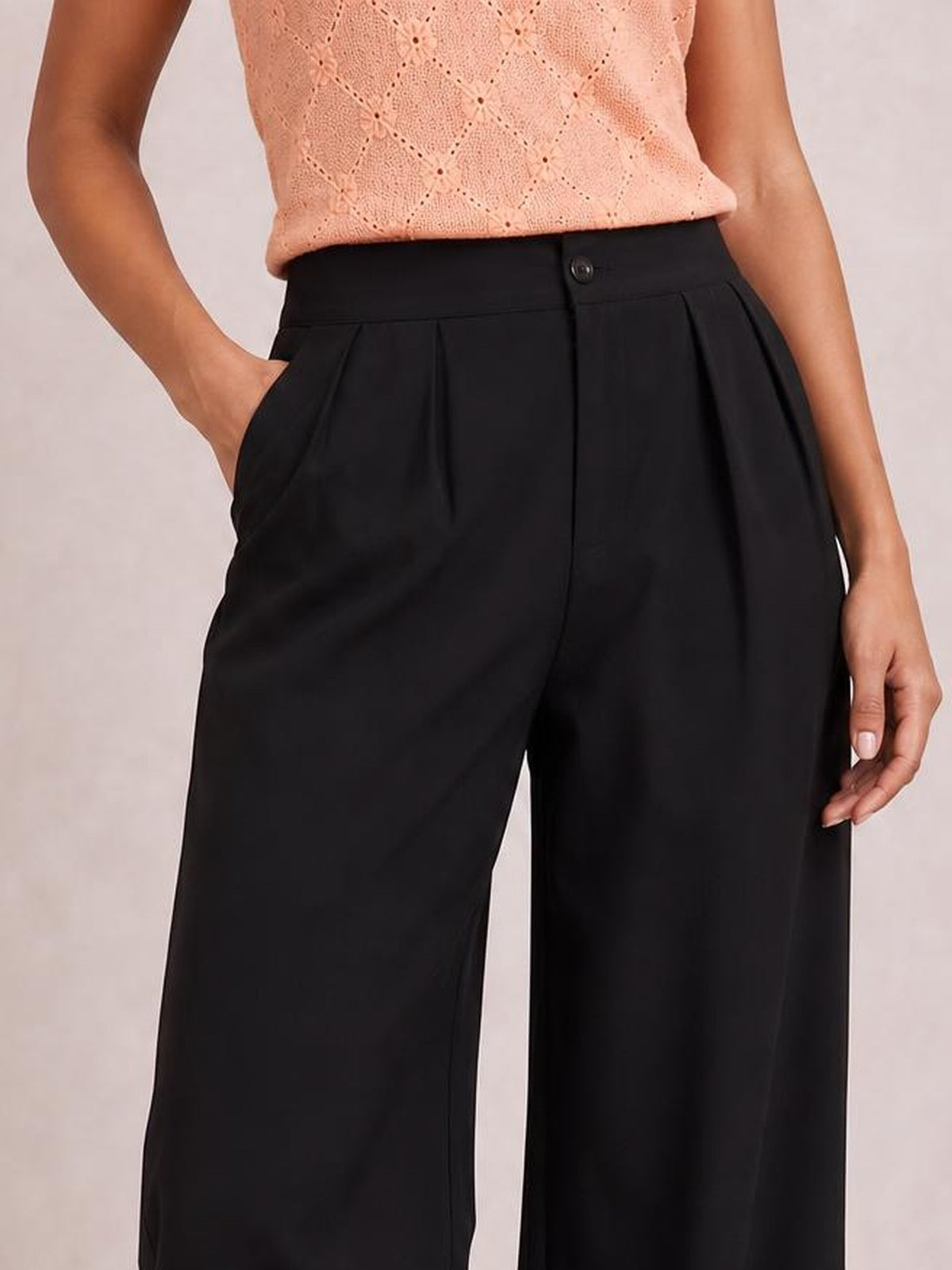 Model wearing black high-waisted pleated wide-leg pants with a button closure and side pockets, one hand tucked into a pocket.