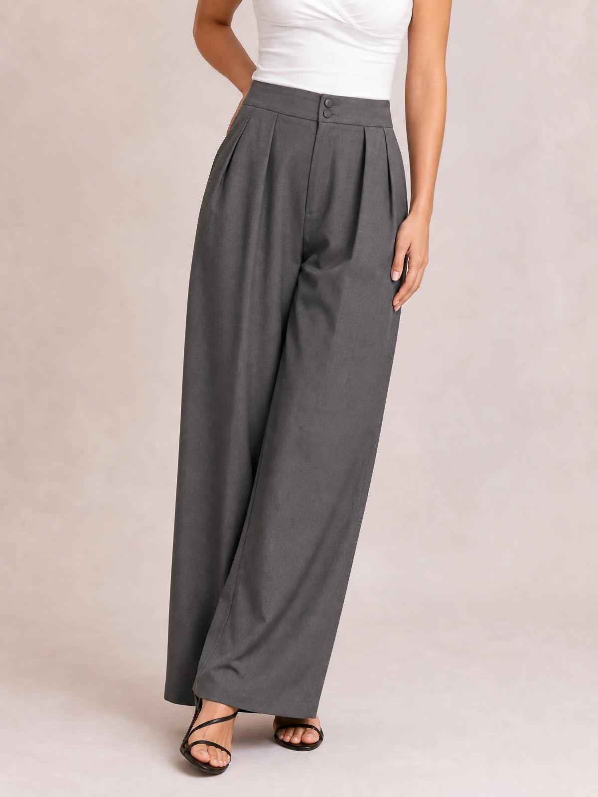Model wearing charcoal gray high-waisted pleated wide-leg pants with a buttoned waistband, angled pockets, and a relaxed full-length silhouette.