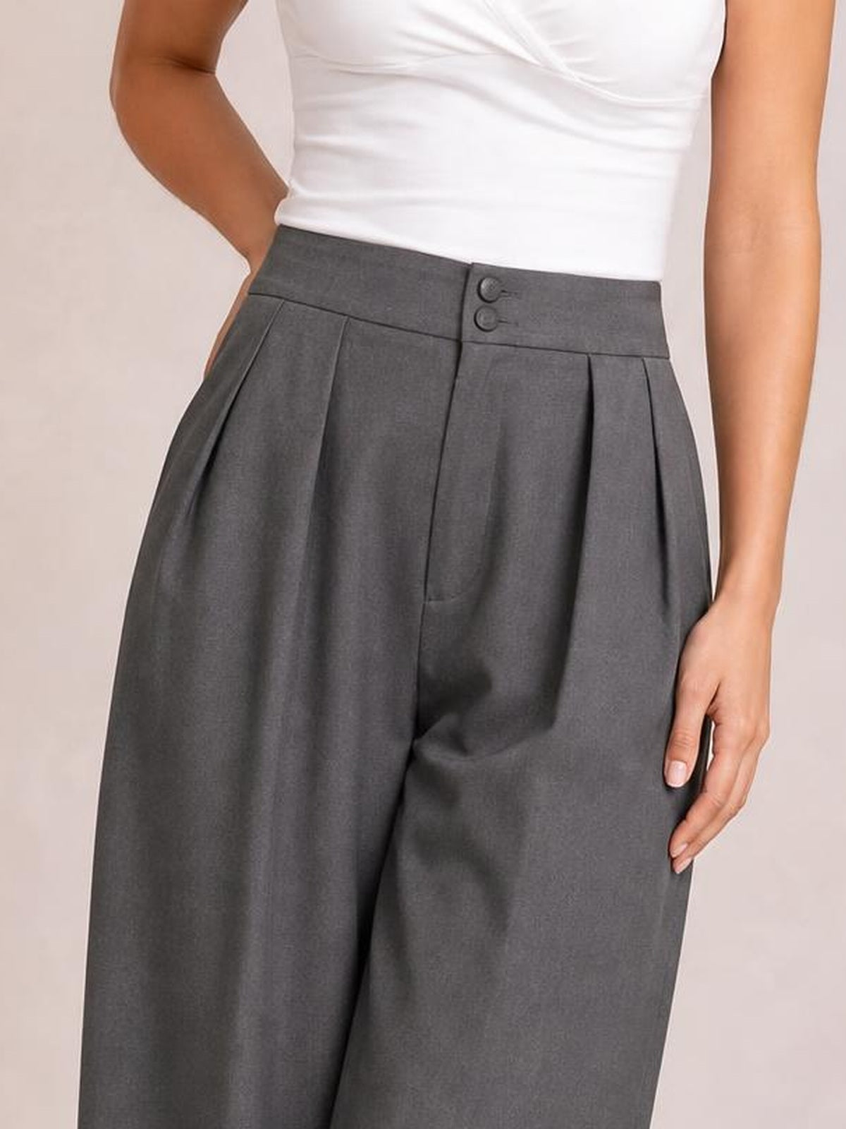 A model poses in gray high-waisted pleated wide-leg pants featuring a structured waistband, button closure, and angled pockets.