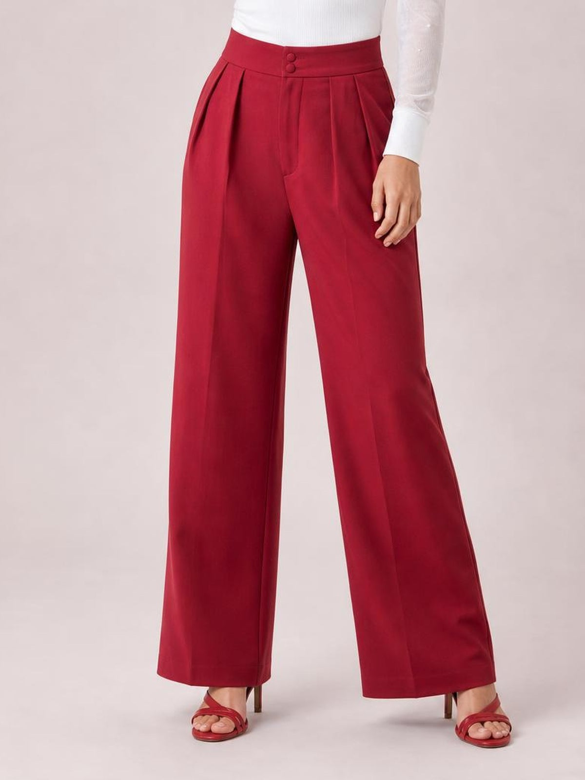 A model stands in burgundy high-waisted pleated wide-leg pants with a buttoned waistband and side pockets, one hand resting near the hip.