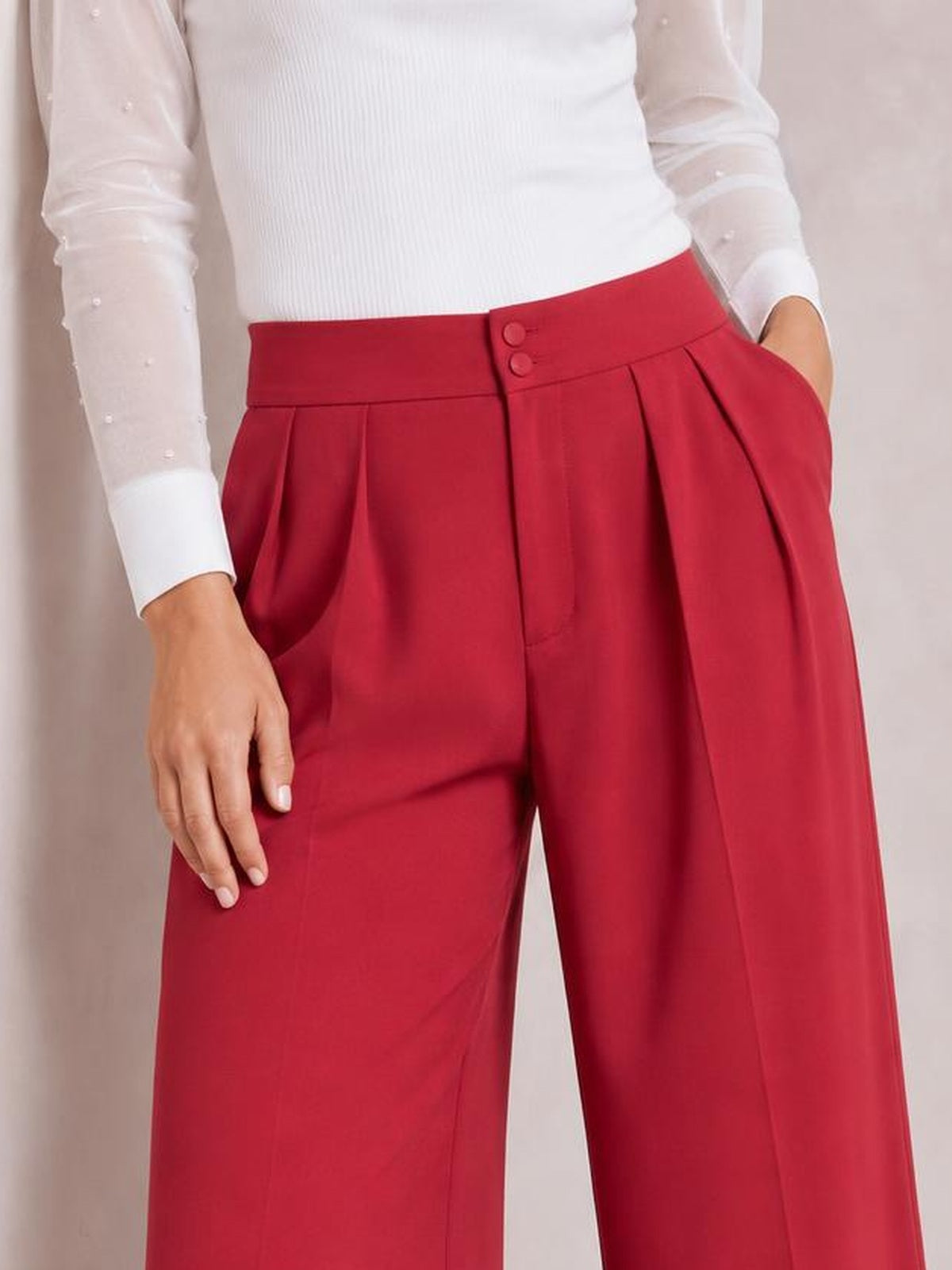 Model wearing red high-waisted pleated wide-leg pants with a buttoned waistband and pockets, standing with one hand resting on the leg.