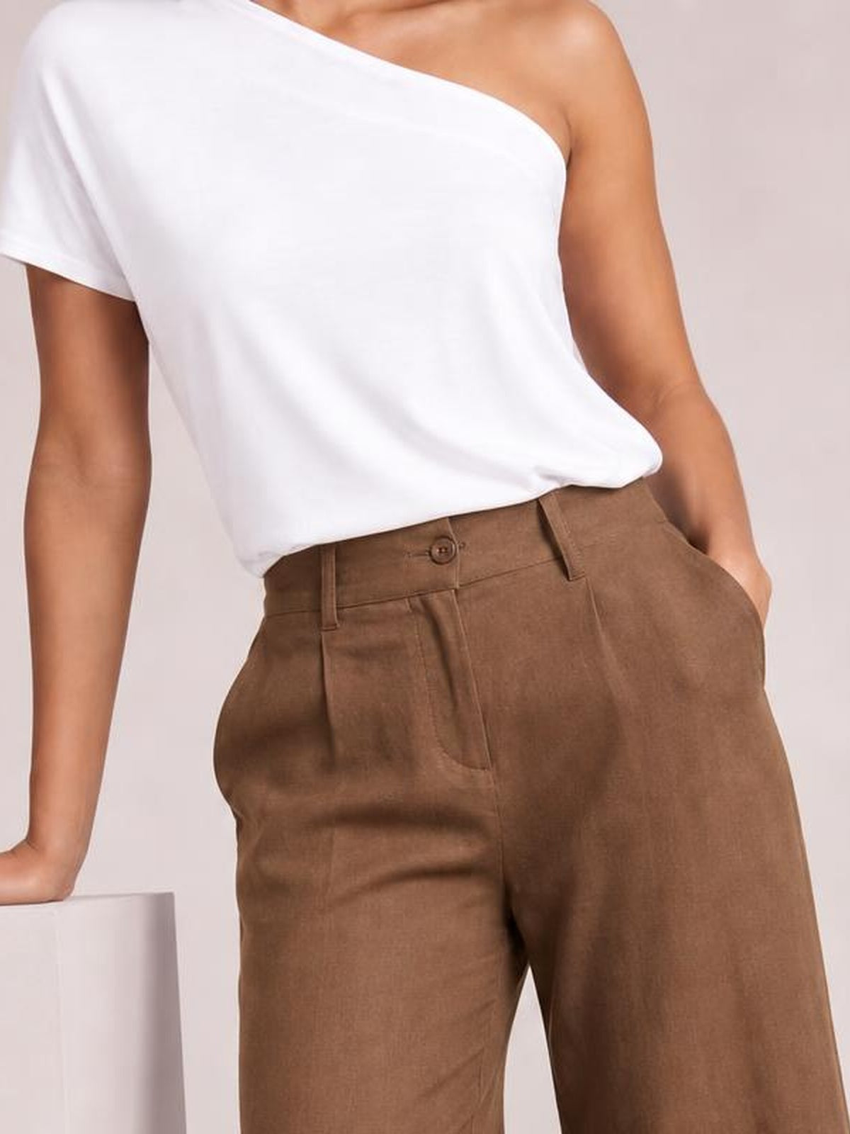 A model wears brown high-waisted wide-leg pants with a button closure, belt loops, front pockets, and a relaxed silhouette while resting one hand on a pedestal.