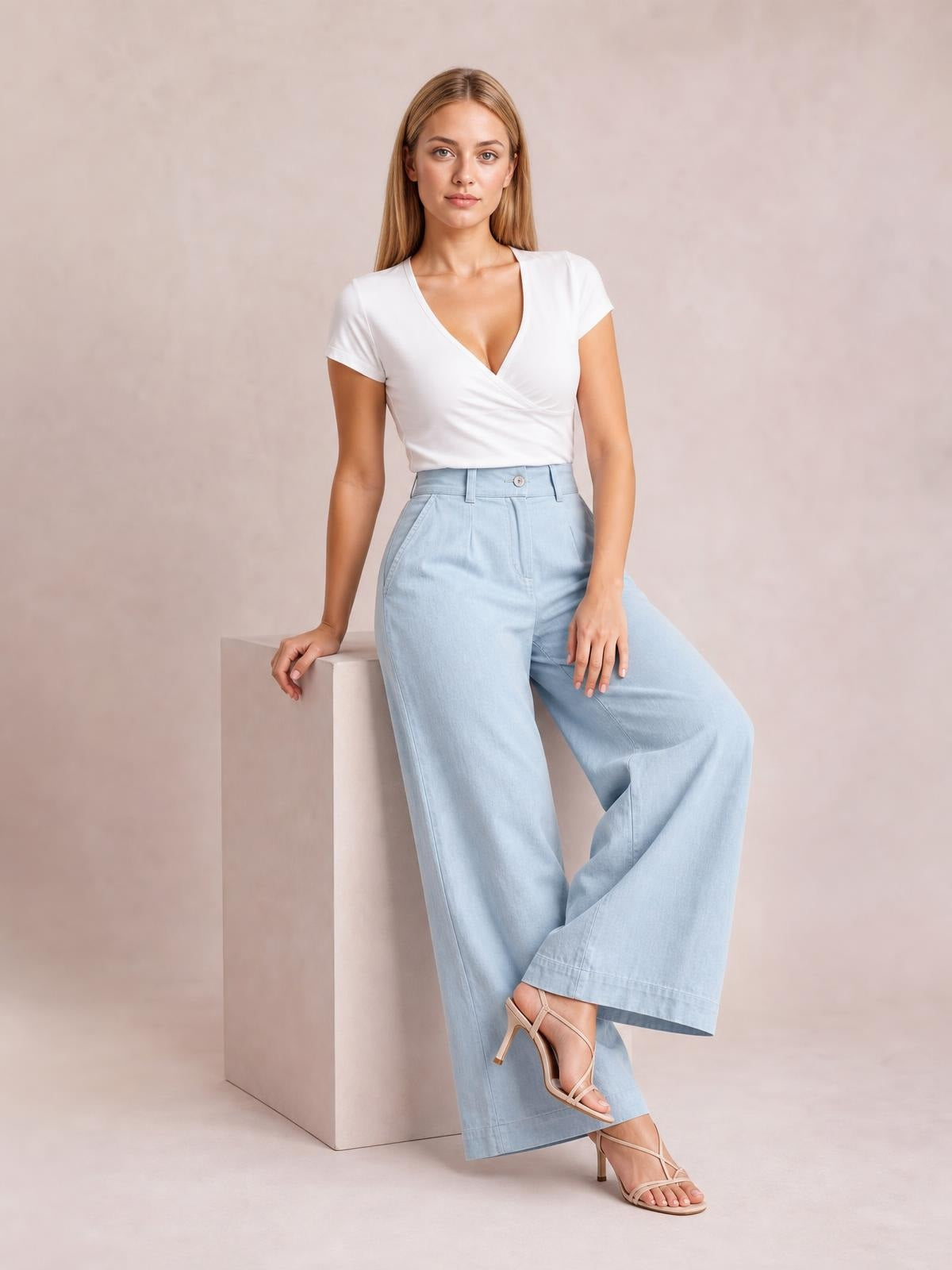 A model poses in light blue high-waisted wide-leg pants with a button closure, belt loops, slanted pockets, and full-length hems.