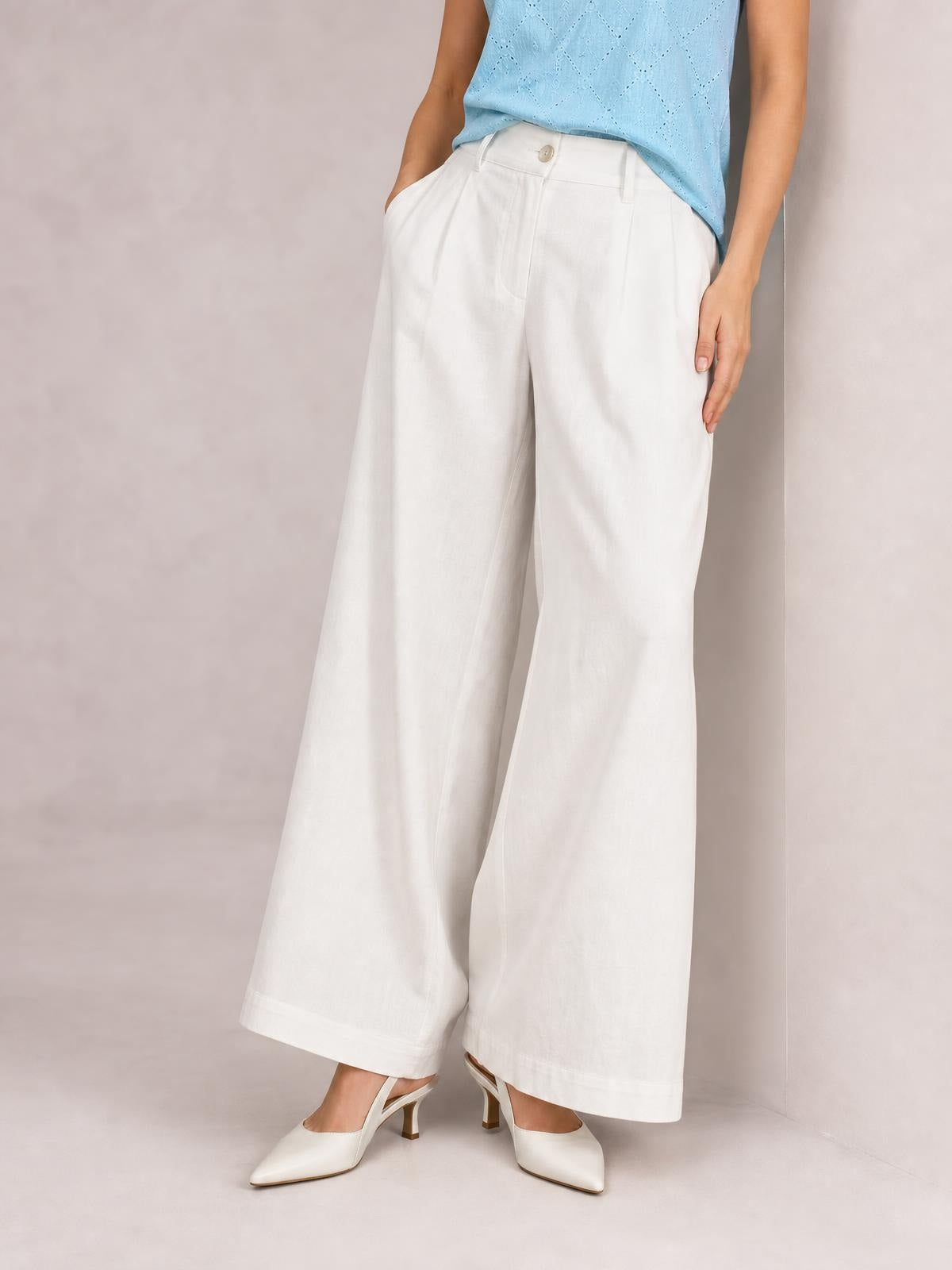 A model poses with one hand in the pocket of white high-waisted wide-leg pants featuring a button closure, front pockets, and a relaxed ankle-length silhouette.