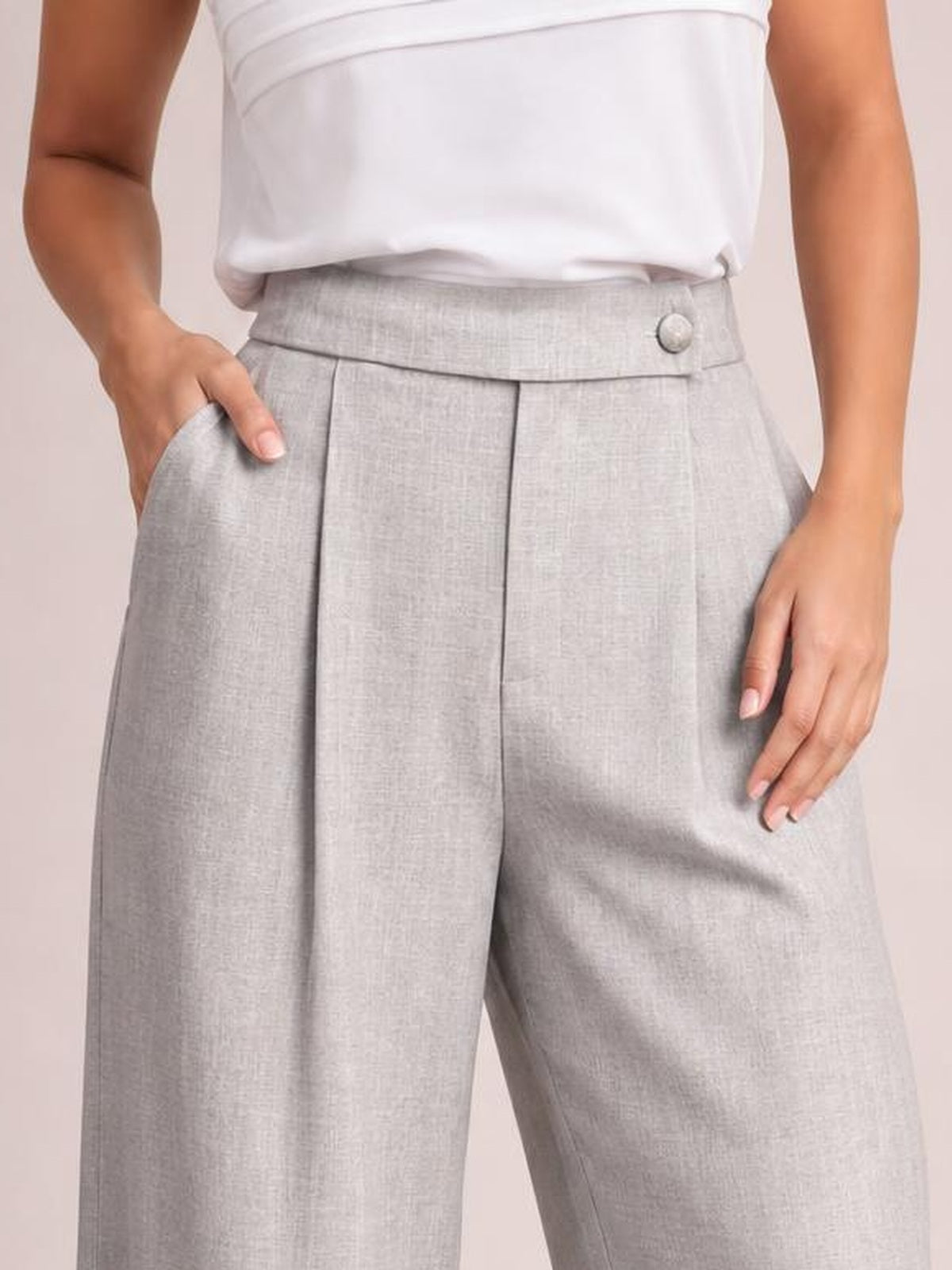Model wearing light gray high-waisted wide-leg pleated pants with a structured waistband, front pleats, and side pockets.