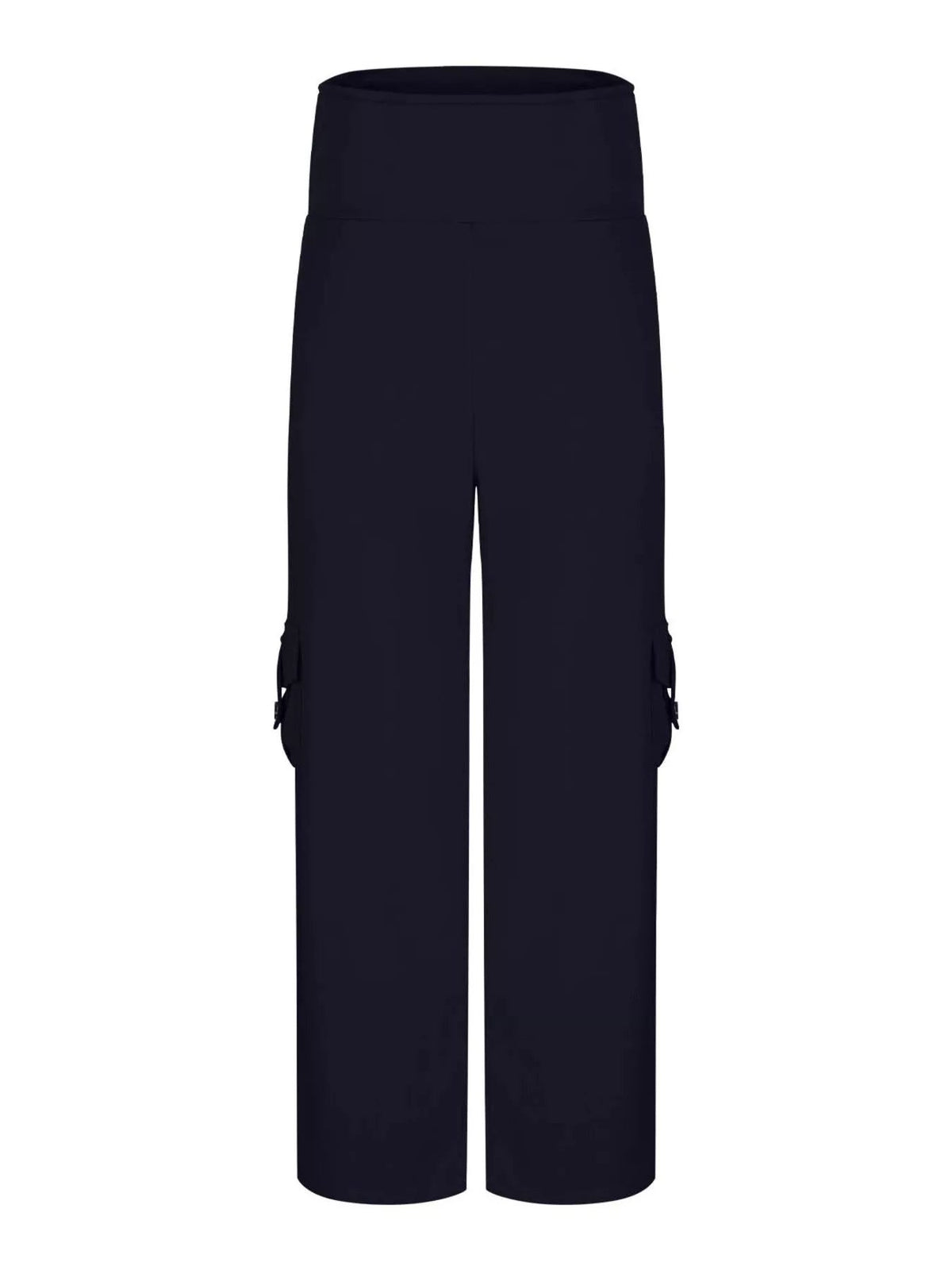 Black high-waisted yoga pants feature a wide waistband, straight-leg silhouette, and practical side pockets with flap construction.