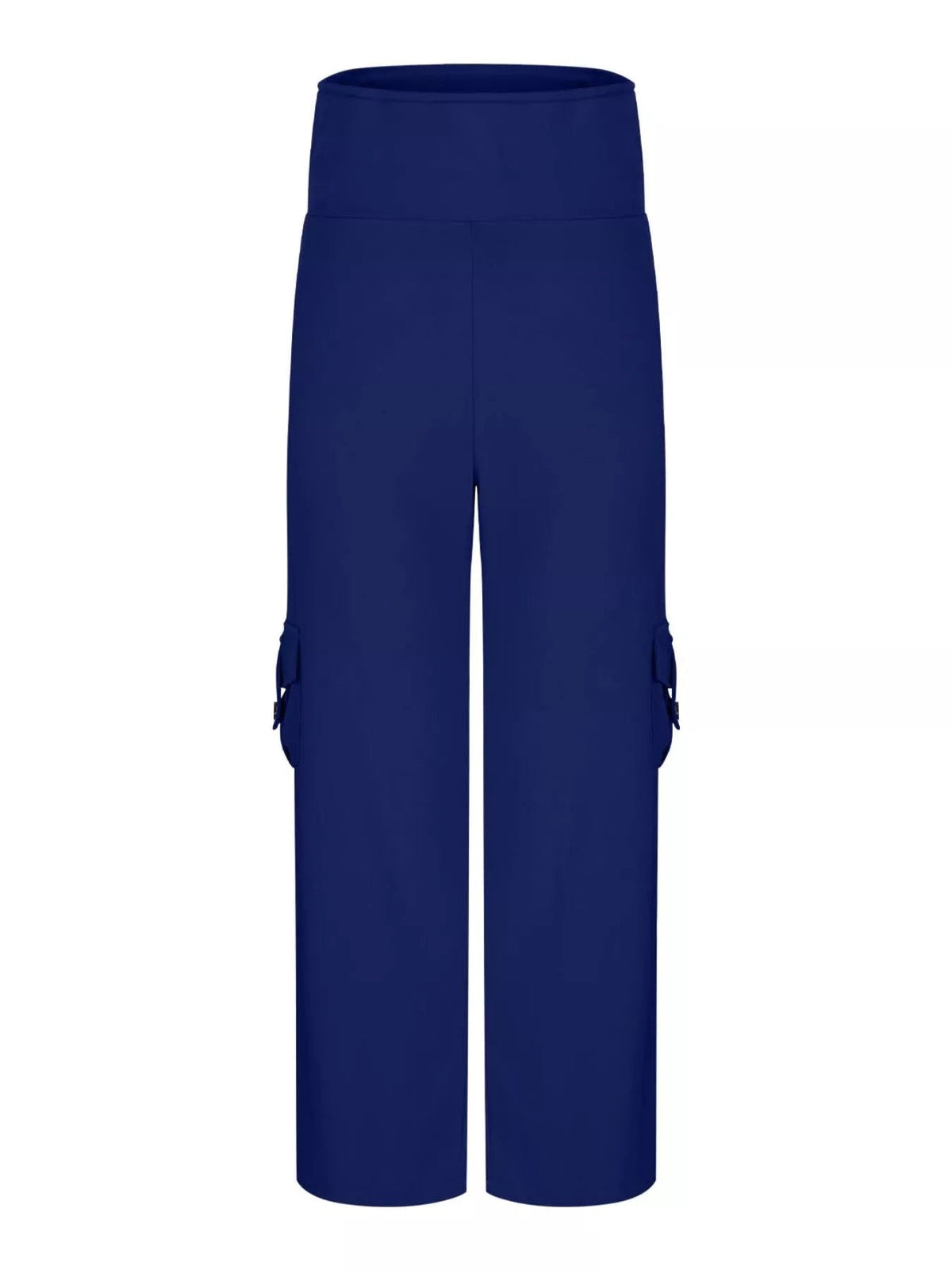 Navy high-waisted yoga pants with wide straight legs, a broad waistband, visible side pockets, and clean front construction.