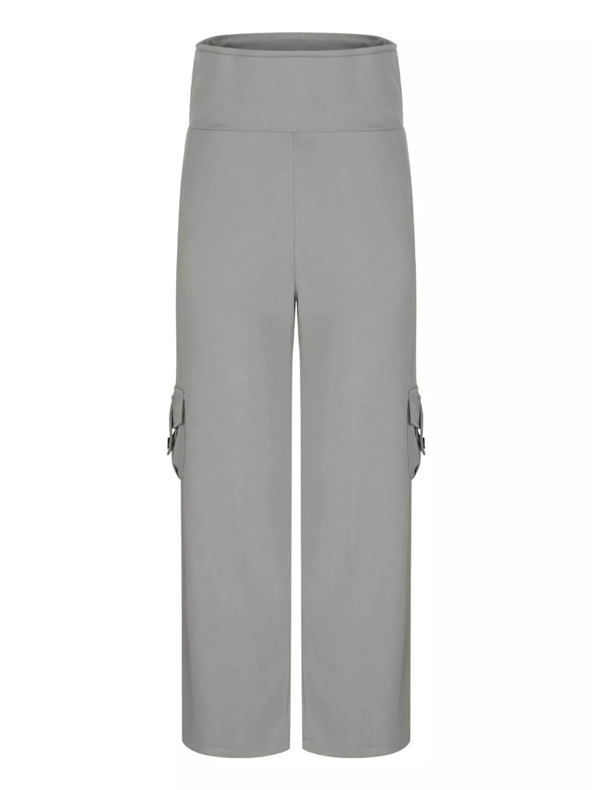 Gray high-waisted yoga pants with a wide straight-leg silhouette, smooth waistband, front center seam, and flap cargo pockets on both sides.