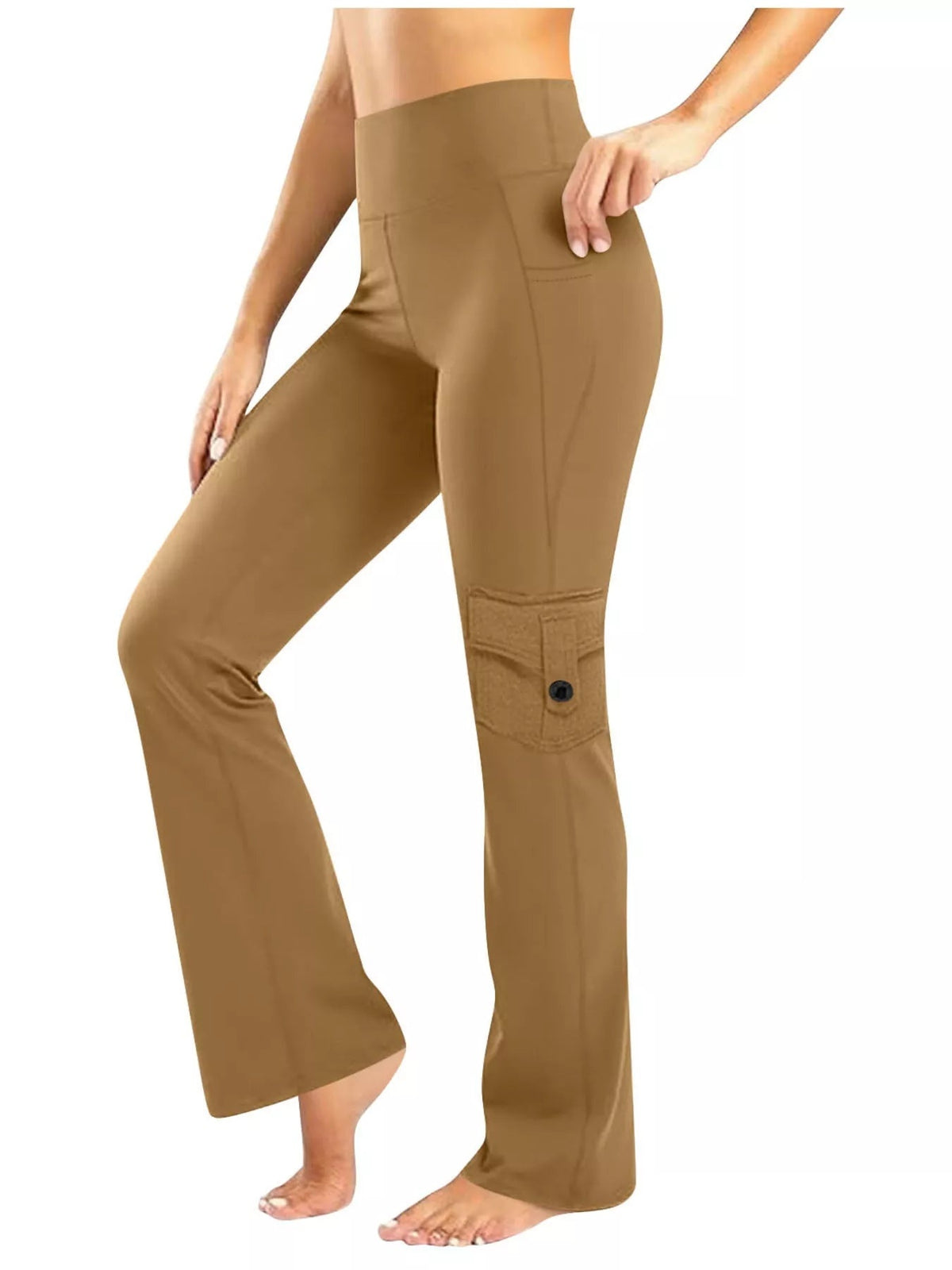 Model wearing brown high-waisted yoga pants with a smooth fitted silhouette, flared hems, and a buttoned side pocket, posing with one leg bent.