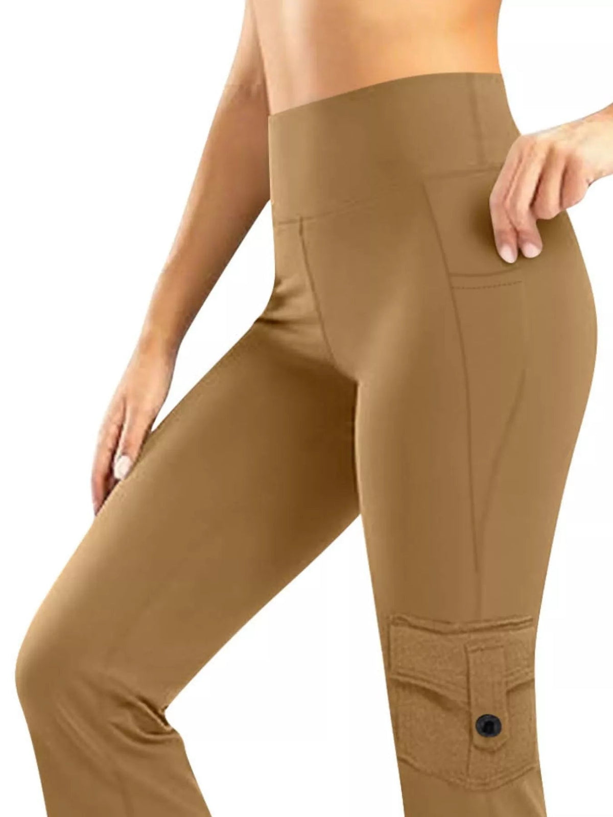 Model wearing camel high-waisted yoga pants with a fitted straight-leg silhouette, side pockets, and a buttoned cargo-style leg pocket.