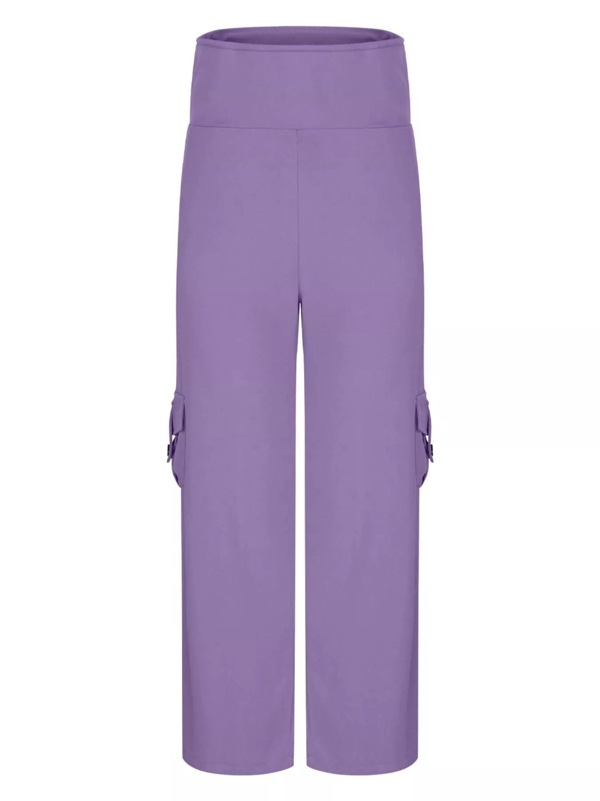 Purple high-waisted yoga pants with a wide-leg silhouette, smooth waistband, straight seams, and utility-style side pockets with flap details.