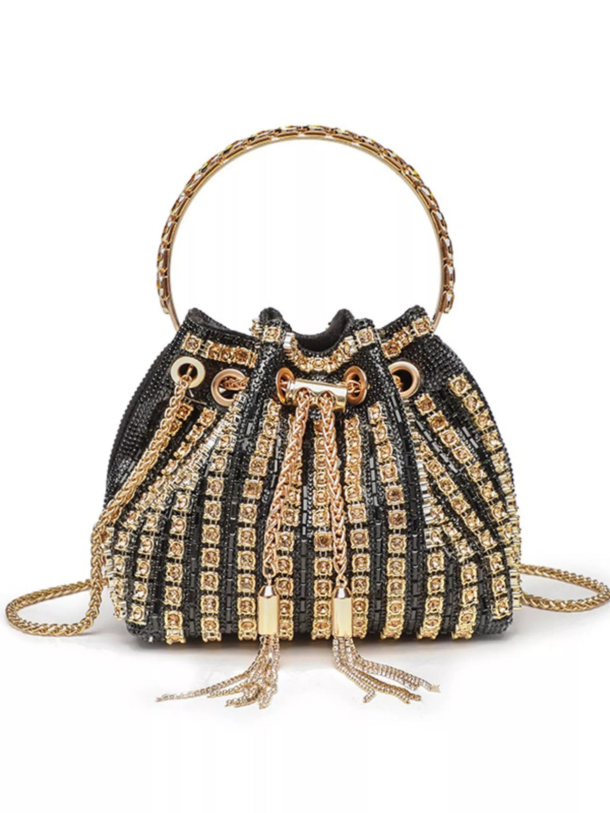 Black mini PVC bucket handbag with rhinestone embellishment, gold chain top handle, drawstring closure, and a detachable crossbody chain strap.