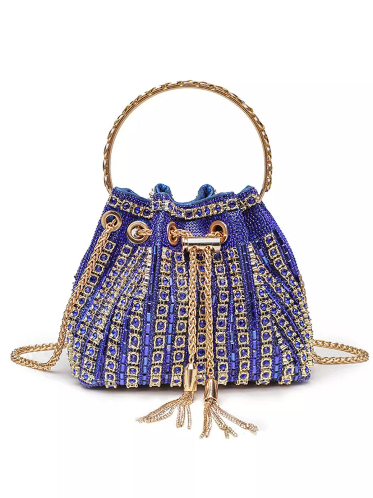 Mini blue bucket handbag with rhinestone embellishments, gold-tone chain top handle, drawstring closure, tassel accents, and a detachable crossbody chain strap.