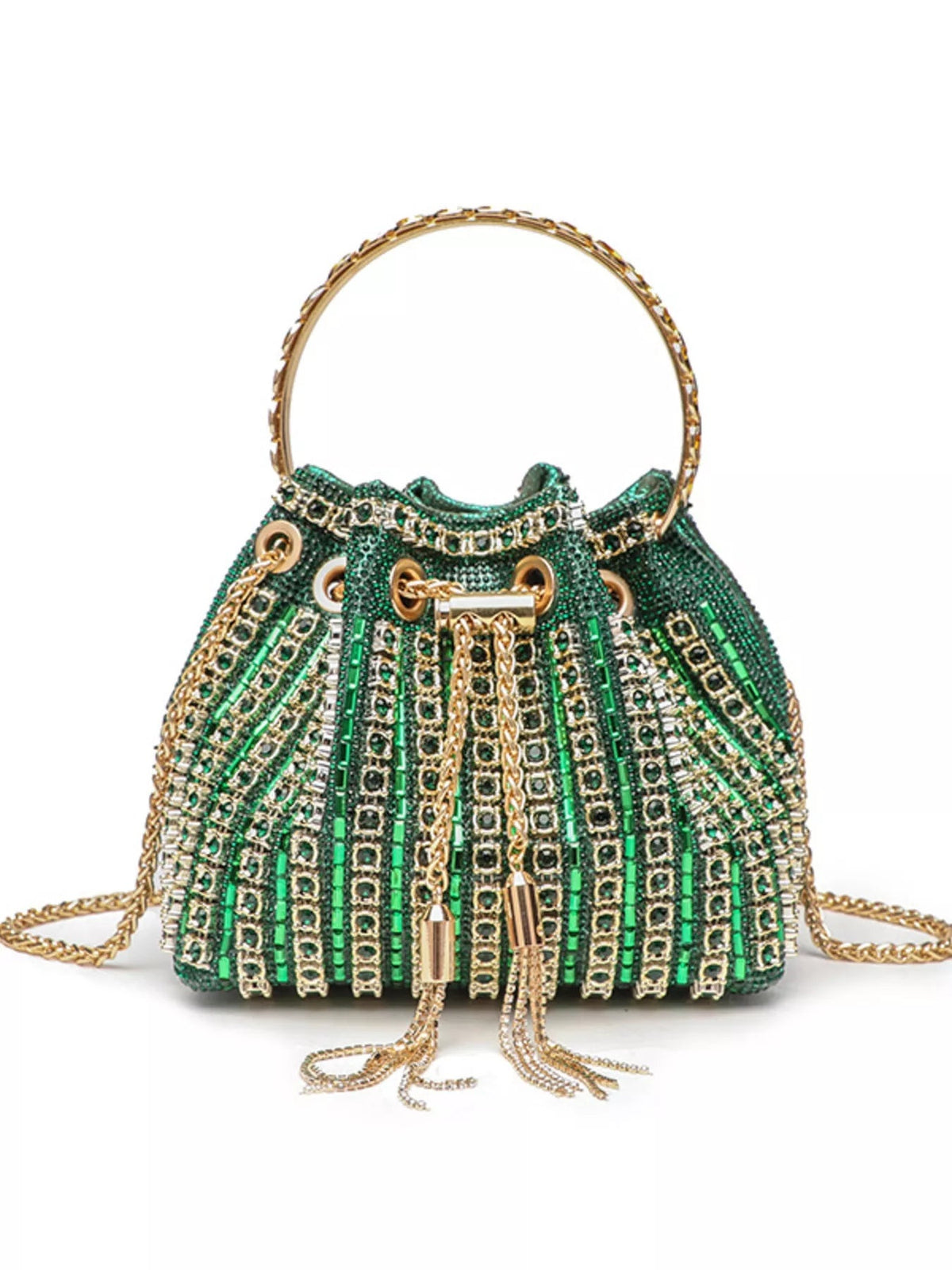 Mini green PVC bucket handbag covered in rhinestone embellishments, with gold-tone chain handles, a drawstring top, and a detachable crossbody chain strap.