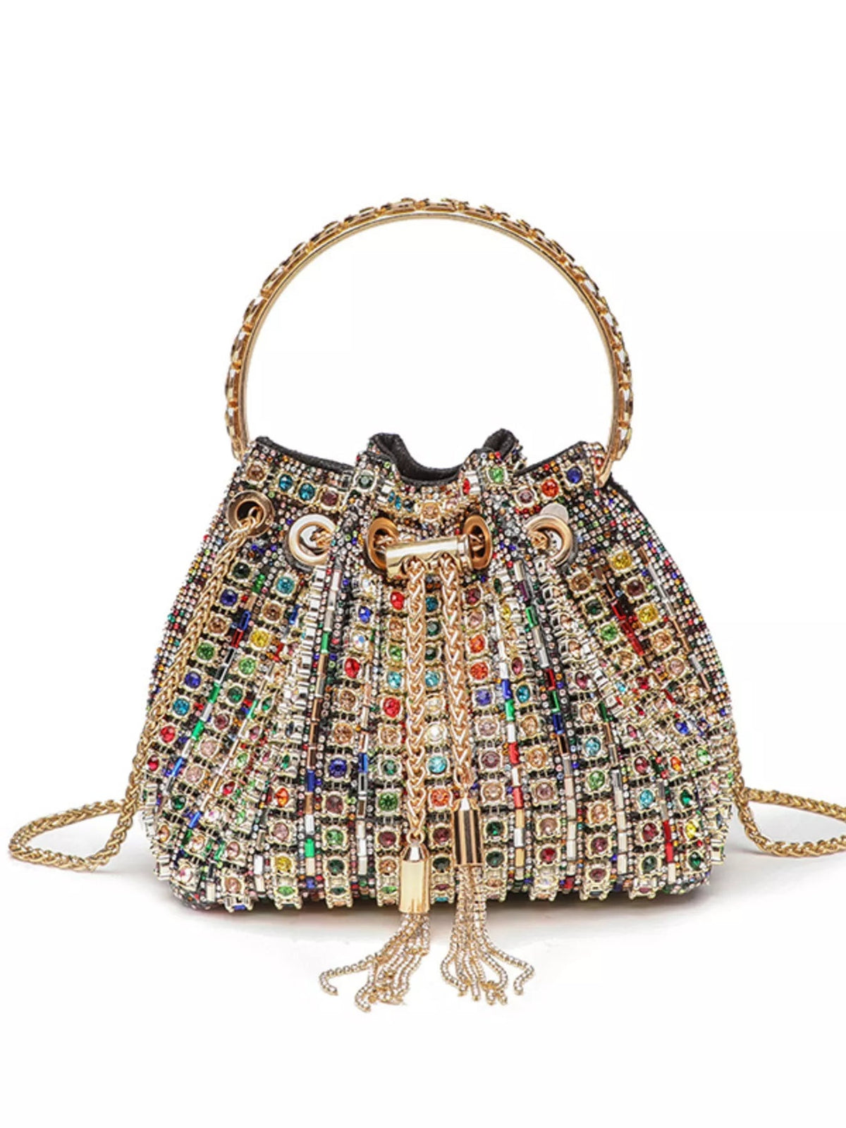 Mini PVC bucket handbag with a structured gold top handle, chain crossbody strap, and multicolored rhinestone embellishments in a jeweled pattern.