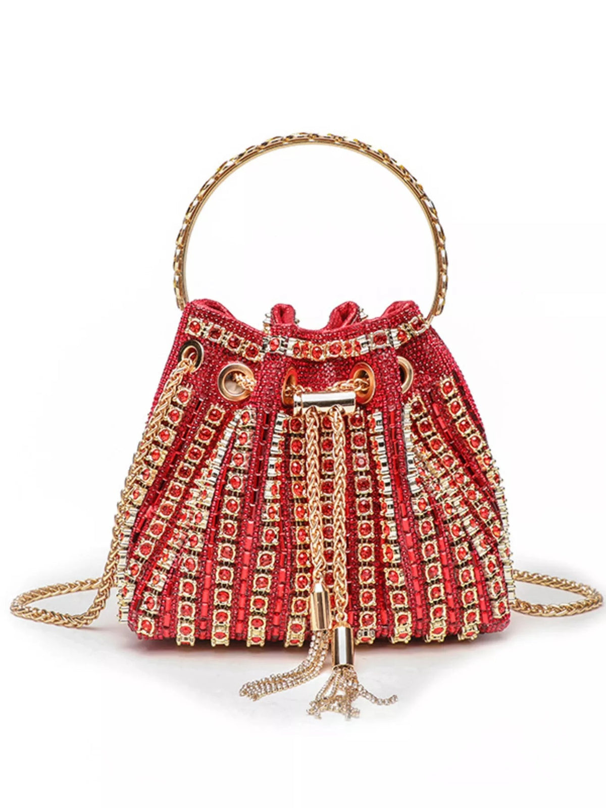Mini red rhinestone-embellished bucket handbag with a structured silhouette, gold ring handle, chain crossbody strap, gathered top, and tassel accents.