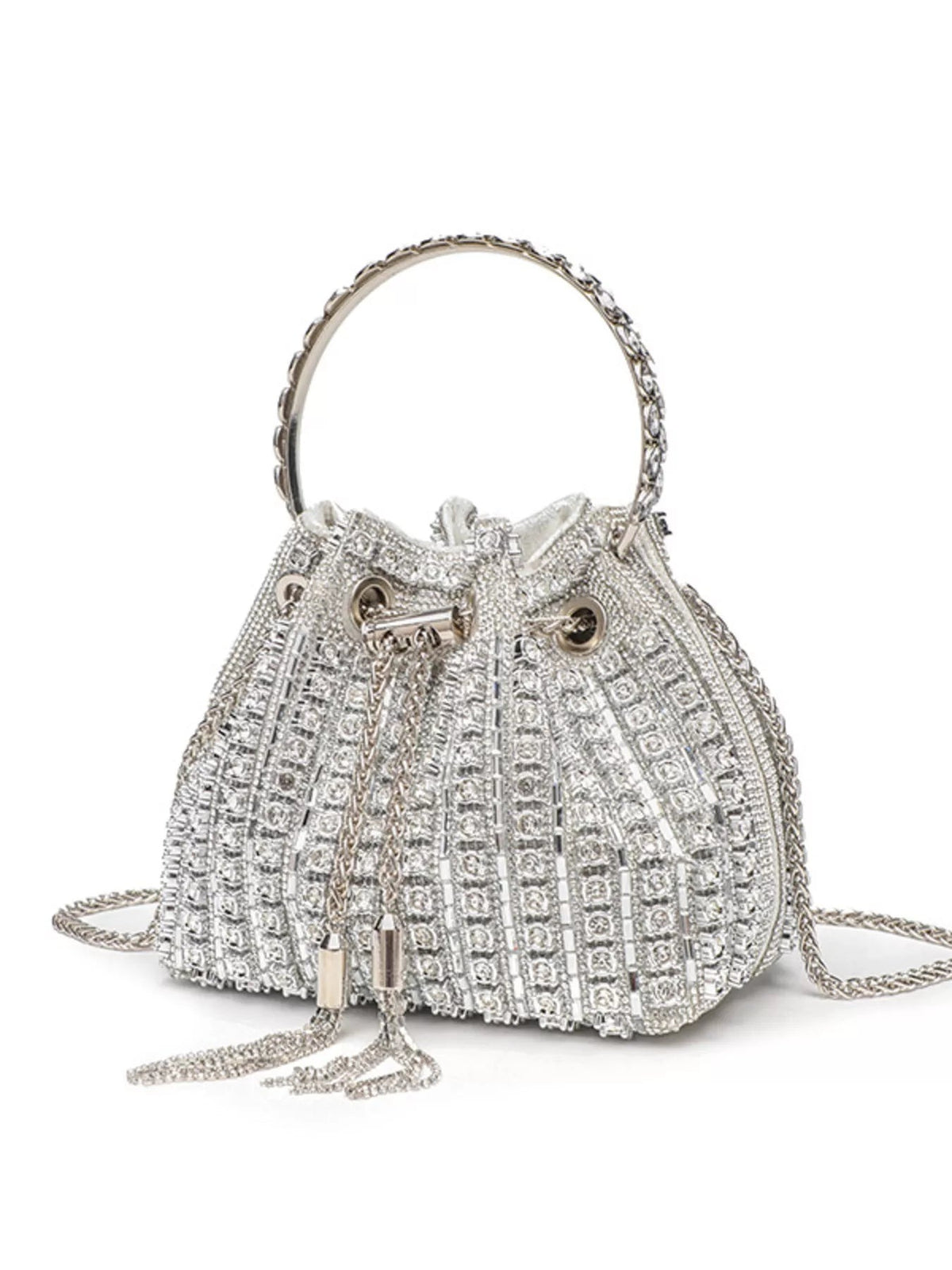 Mini silver PVC bucket handbag with rhinestone embellishment, a structured top handle, drawstring closure, and detachable chain crossbody strap.