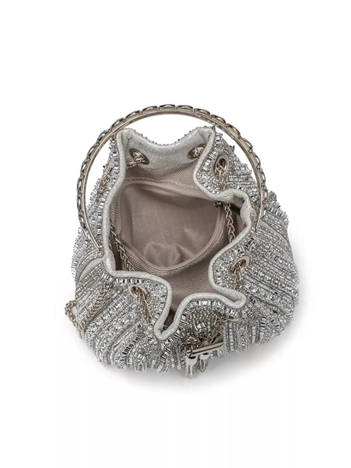 Mini silver rhinestone-embellished bucket handbag with an open drawstring-style top, decorative circular handle, and chain crossbody strap.