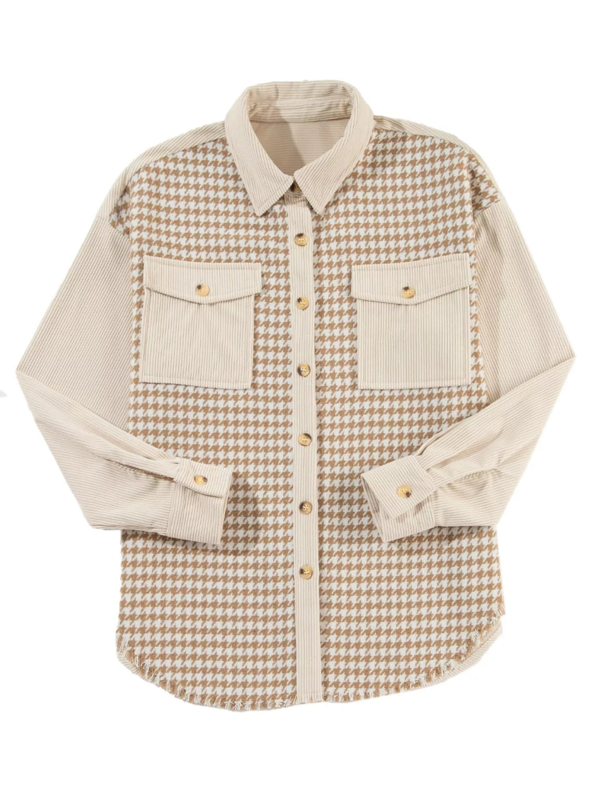 A beige and brown houndstooth button-down jacket lies flat with folded sleeves, a pointed collar, button front, textured trim, and two flap chest pockets.