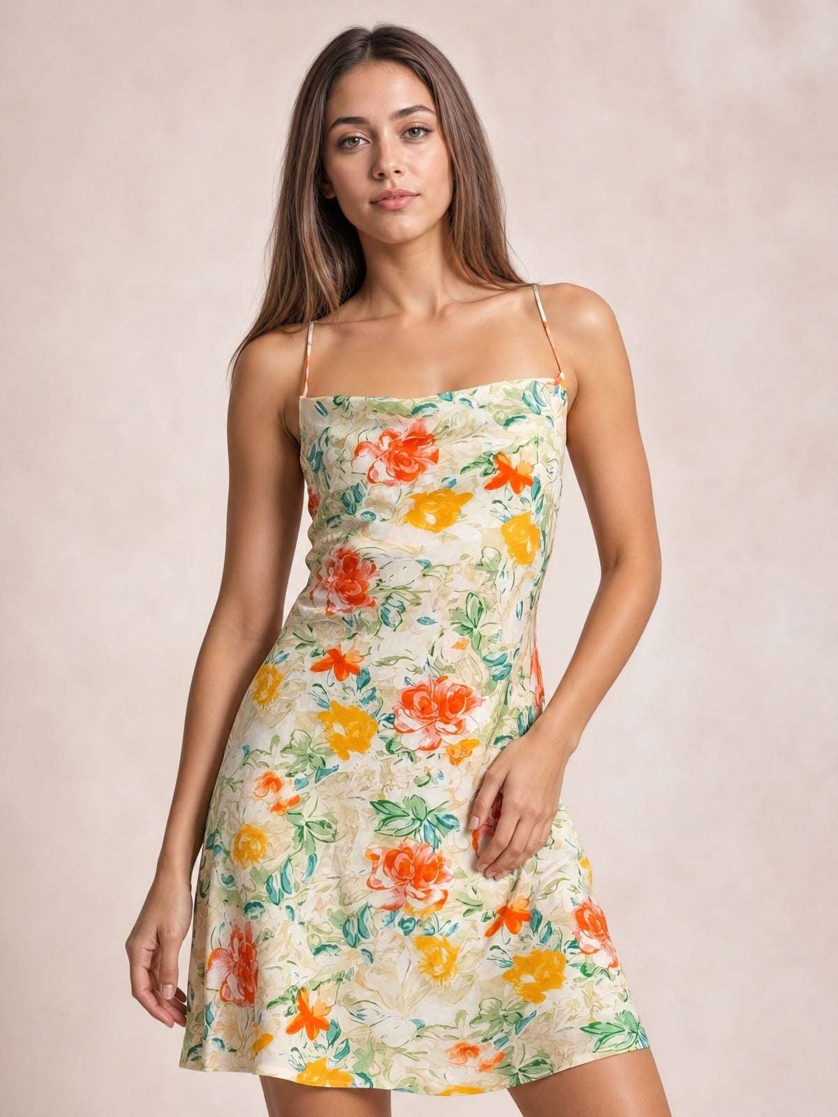 Model poses in a floral cowl neck satin mini dress with spaghetti straps, vibrant orange, yellow, coral, and green flowers, and a softly flared silhouette.