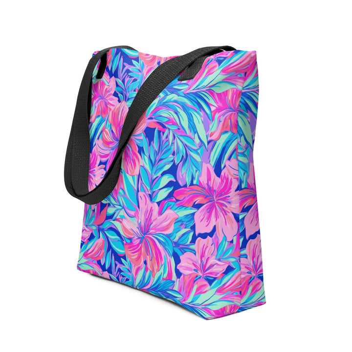 15x15 Tropical Floral Print Tote Bag with Handles Durable Fabric Pink & Blue High Quality Tote for Work Beach Pool Vacation Trip Everday