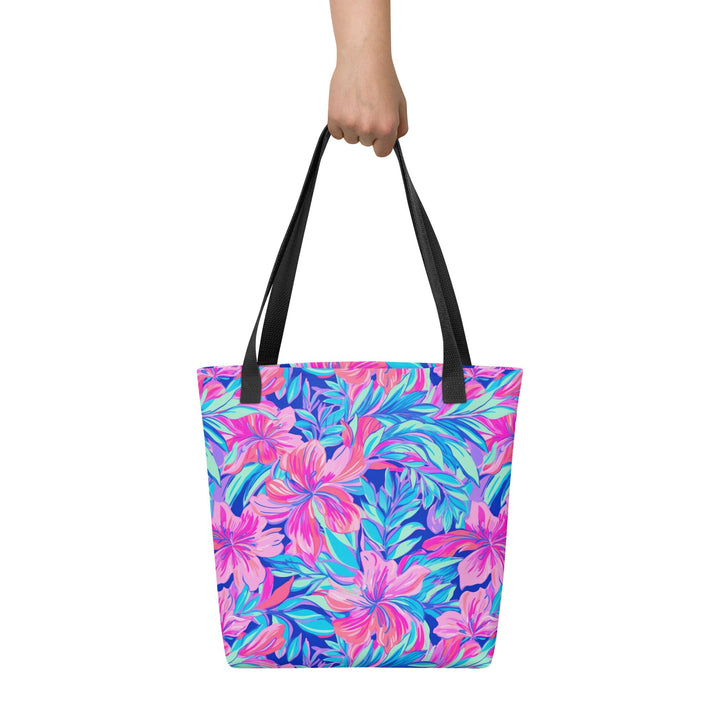 15x15 Tropical Floral Print Tote Bag with Handles Durable Fabric Pink & Blue High Quality Tote for Work Beach Pool Vacation Trip Everday