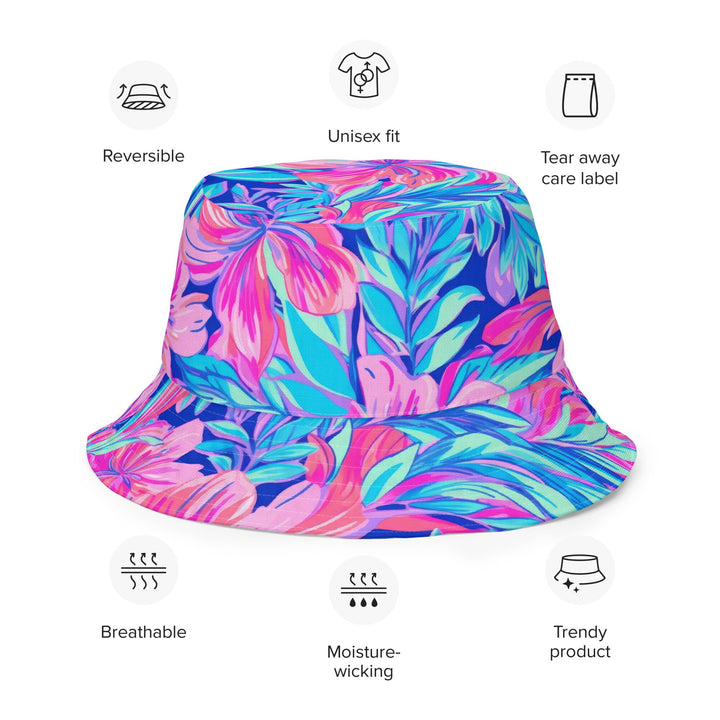 Unisex Tropical Floral Print Reversible Bucket Hat Sun Protection Mens Womens Pink & Blue Printed Pattern Hat for Beach Pool Party Everday