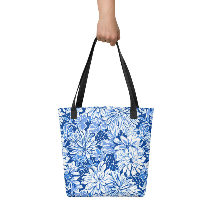 15x15 Tropical Floral Print Tote Bag with Handles Durable Fabric Blue & White High Quality Tote for Work Beach Pool Vacation Trip Everday