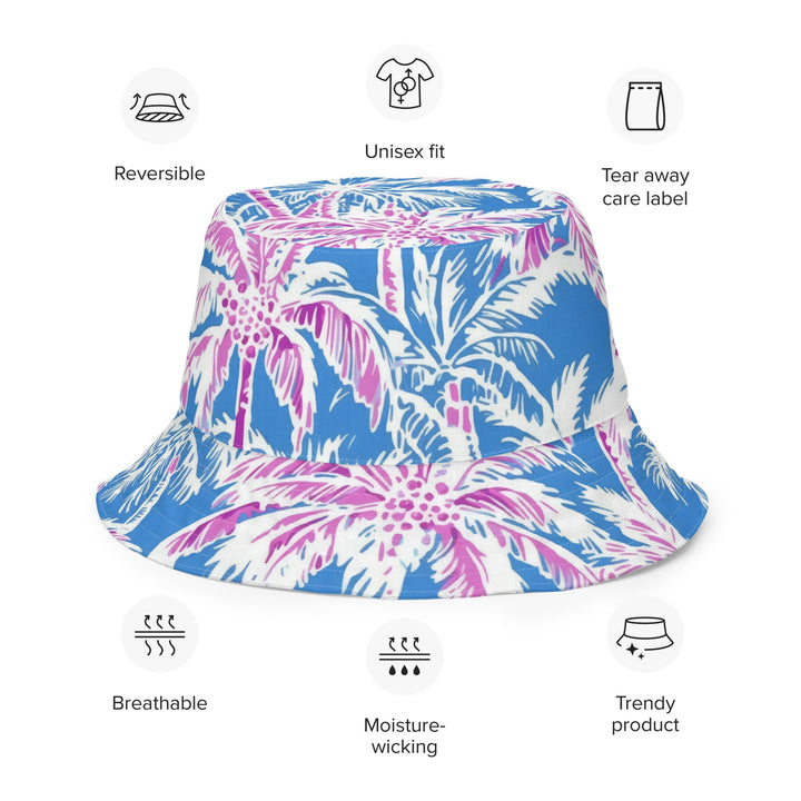 Unisex Tropical Palm Trees Reversible Bucket Hat UV Sun Protection Mens Womens Pink & Blue Printed Pattern Hat for Beach Pool Party Everday