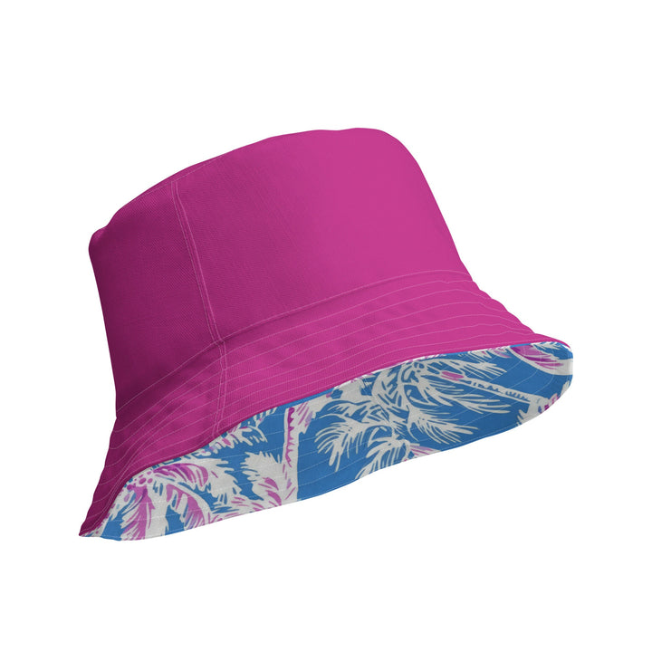 Unisex Tropical Palm Trees Reversible Bucket Hat UV Sun Protection Mens Womens Pink & Blue Printed Pattern Hat for Beach Pool Party Everday