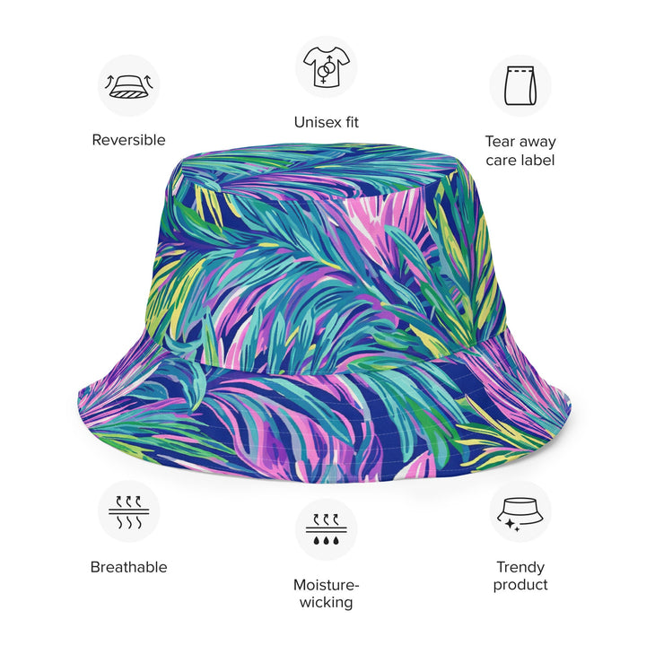 Unisex Tropical Floral Print Reversible Bucket Hat Sun Protection Mens Womens Blue Purple Printed Pattern Hat for Beach Pool Party Everday