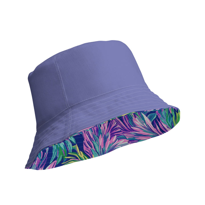 Unisex Tropical Floral Print Reversible Bucket Hat Sun Protection Mens Womens Blue Purple Printed Pattern Hat for Beach Pool Party Everday