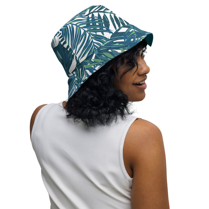 Unisex Tropical Floral Print Reversible Bucket Hat UV Sun Protection Mens Womens Dark Teal Printed Pattern Hat for Beach Pool Party Everday