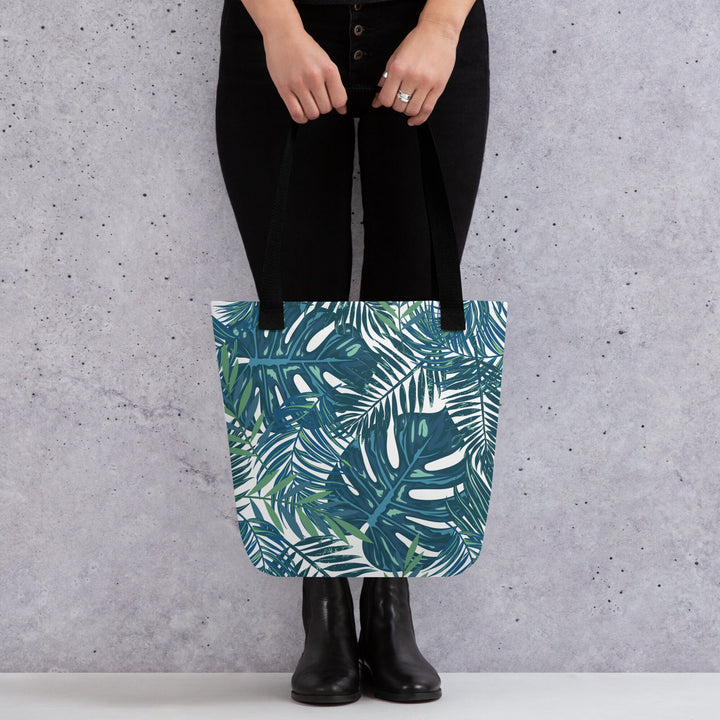 15x15 Tropical Floral Print Tote Bag with Handles Durable Fabric Dark Teal High Quality Tote for Work Beach Pool Vacation Trip Everday