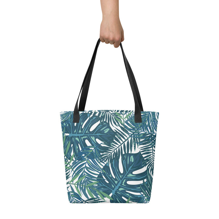 15x15 Tropical Floral Print Tote Bag with Handles Durable Fabric Dark Teal High Quality Tote for Work Beach Pool Vacation Trip Everday